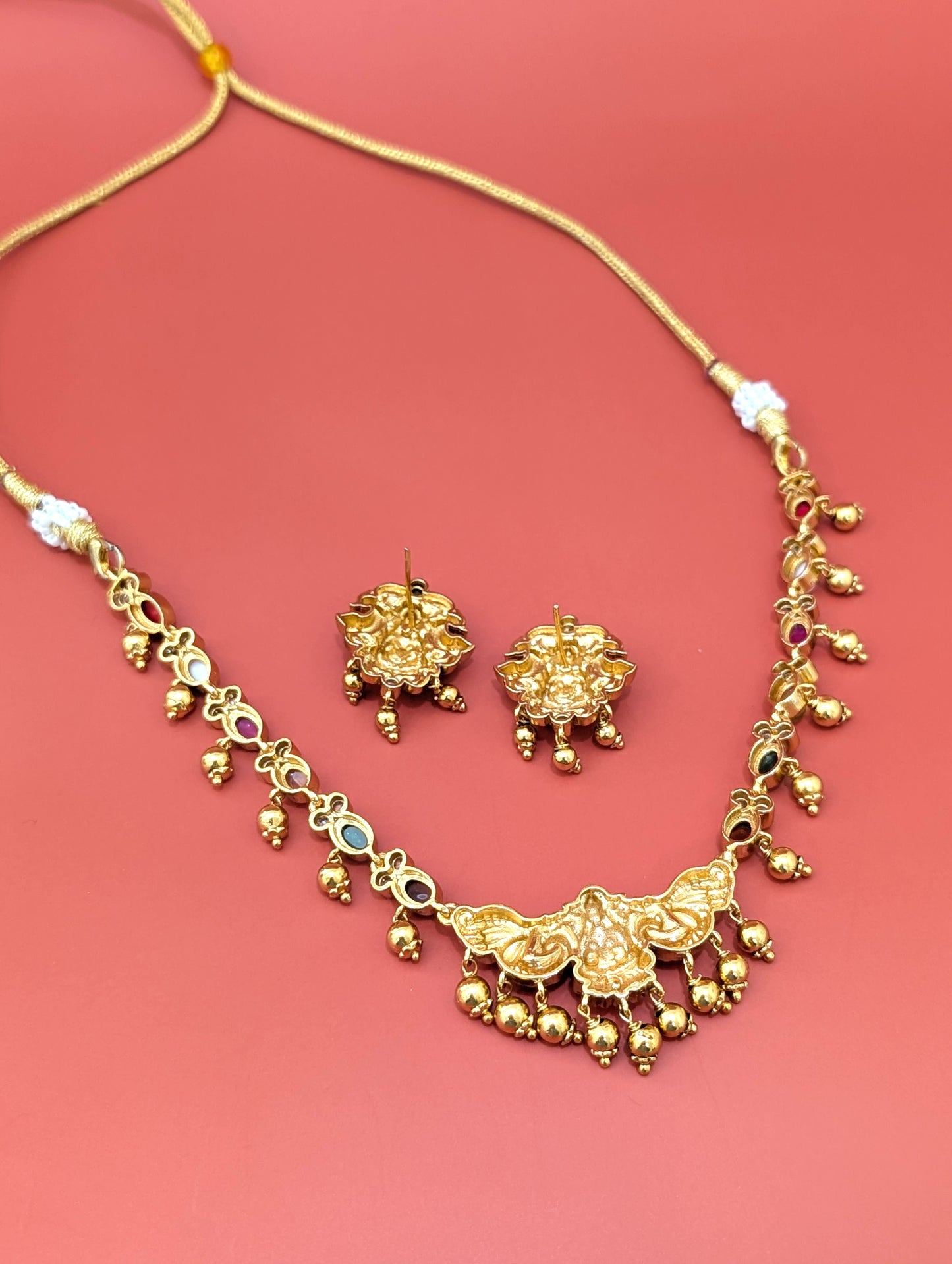 Navaratna stone Goddess Lakshmi Choker Necklace Earrings Set