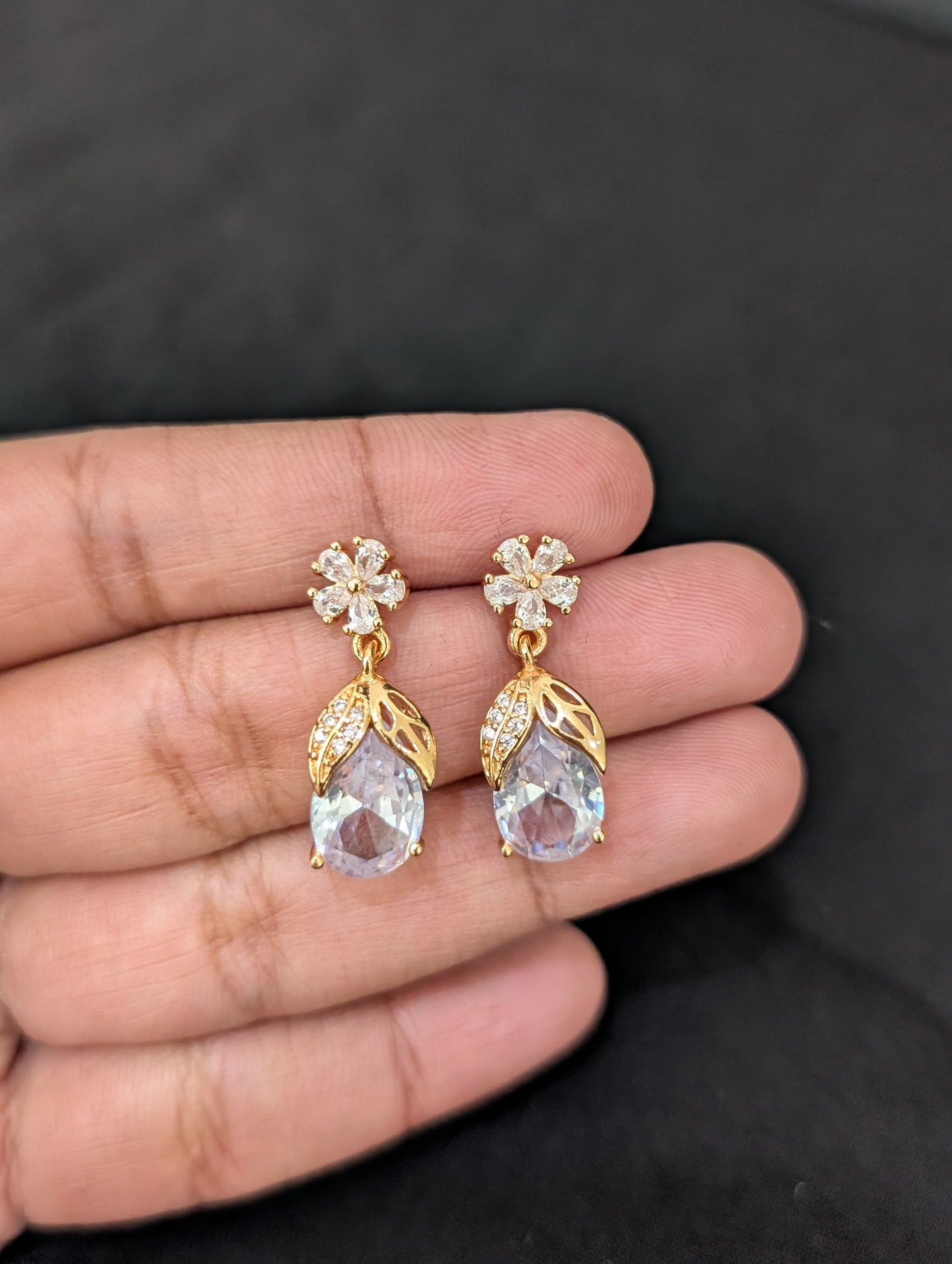 Flower Leafy design gold CZ Stud Earrings