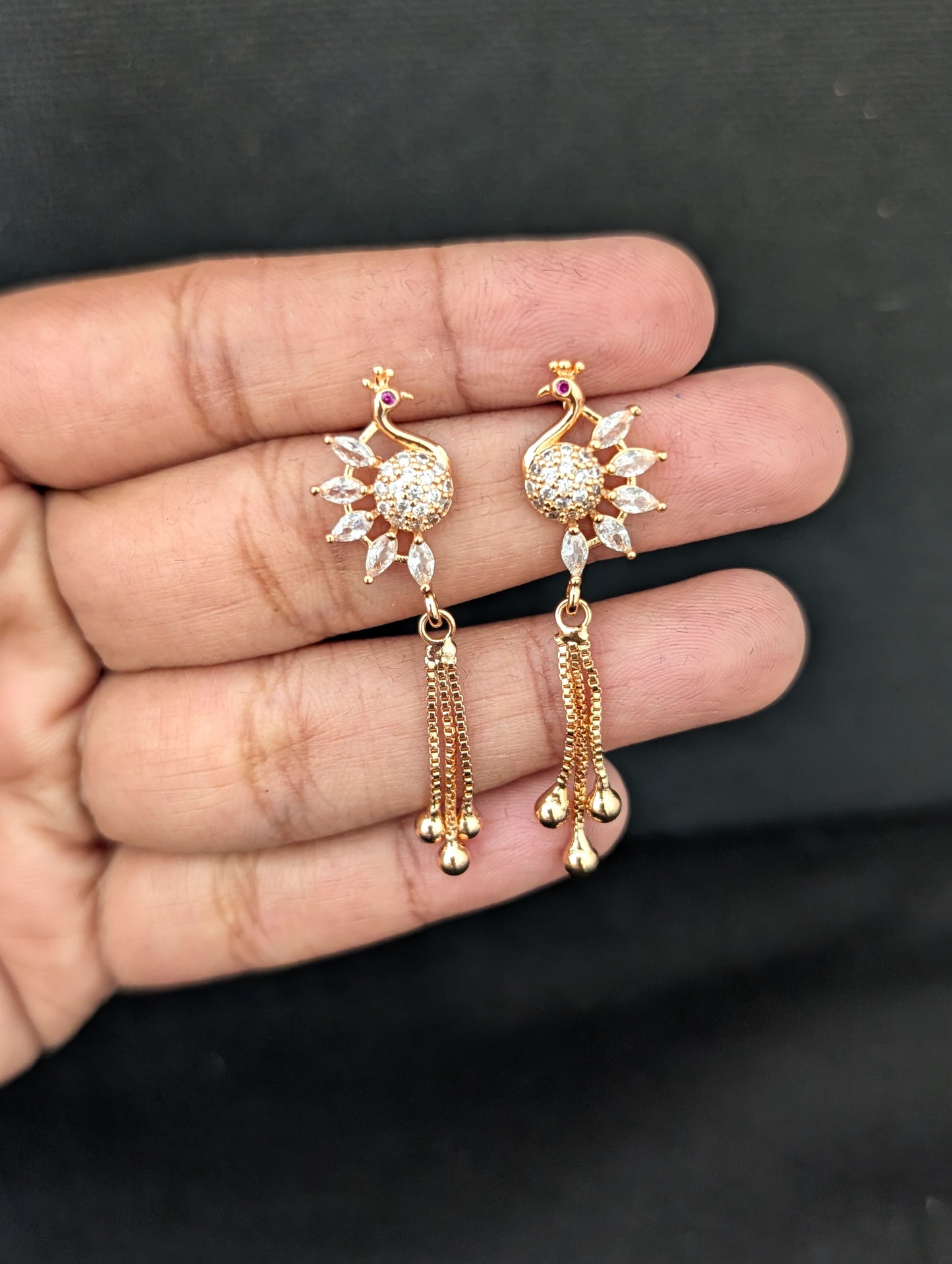 Peacock design rose gold plated CZ Tassel Earrings