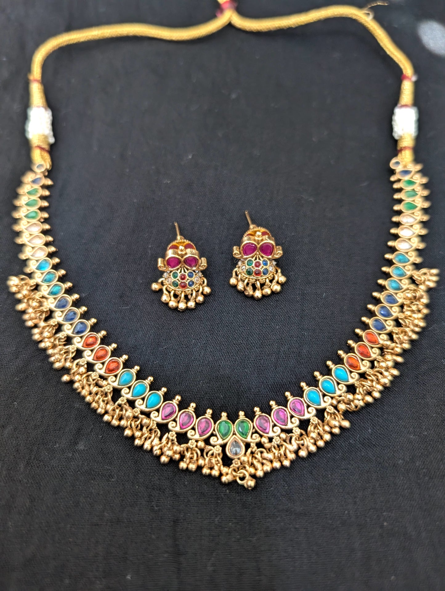 Navaratna stone Mango Choker Necklace Earrings Set