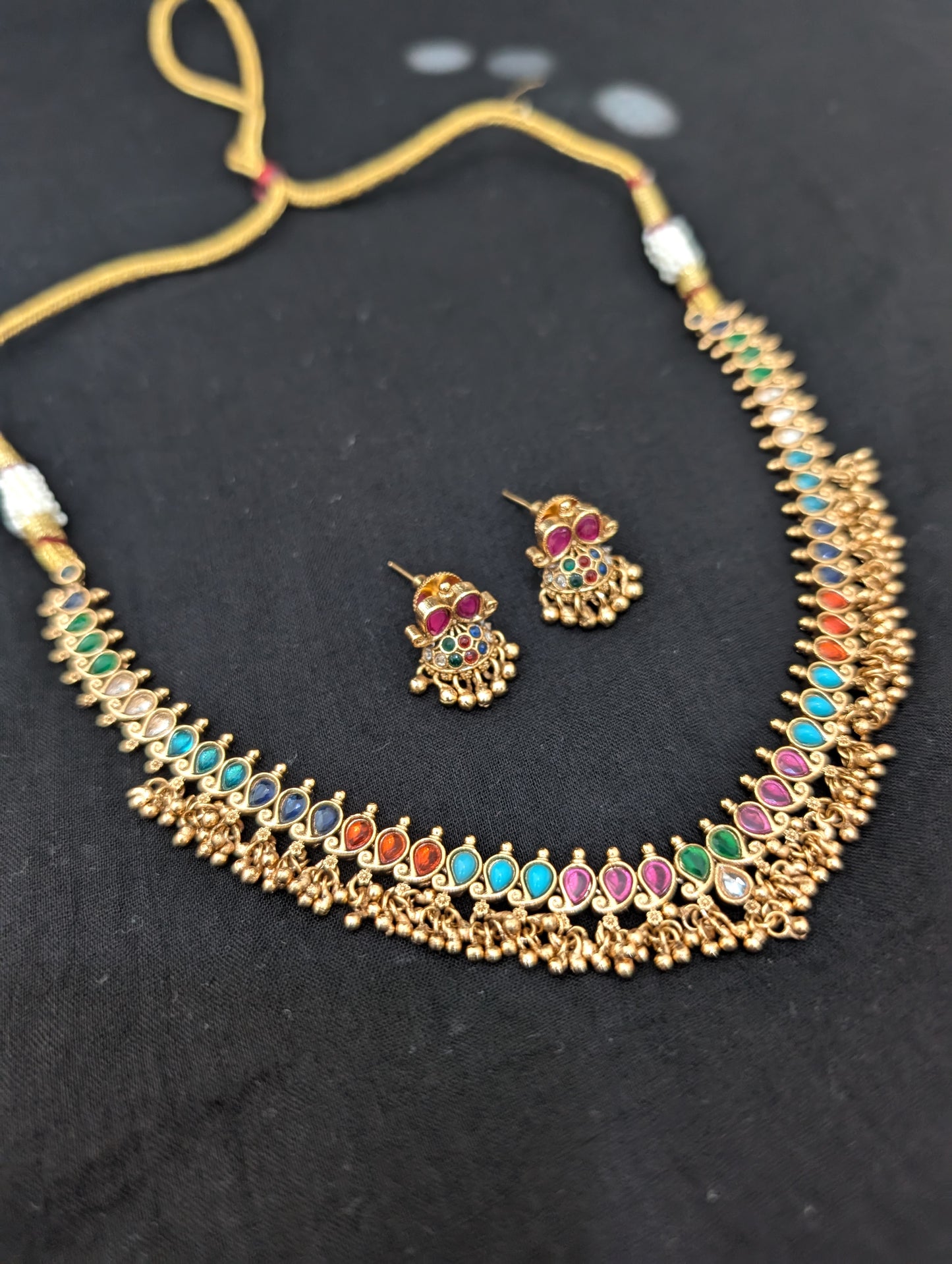 Navaratna stone Mango Choker Necklace Earrings Set