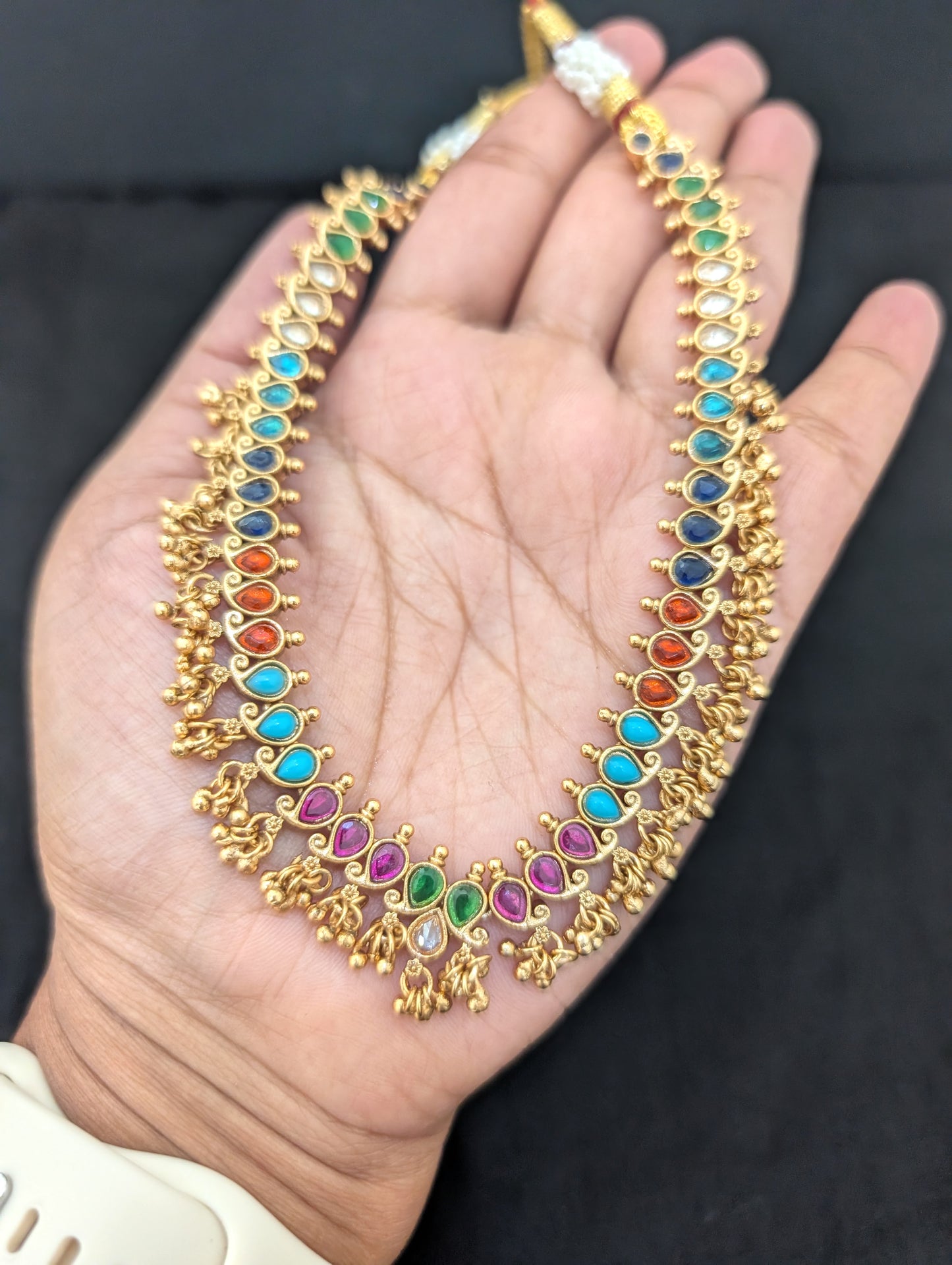 Navaratna stone Mango Choker Necklace Earrings Set