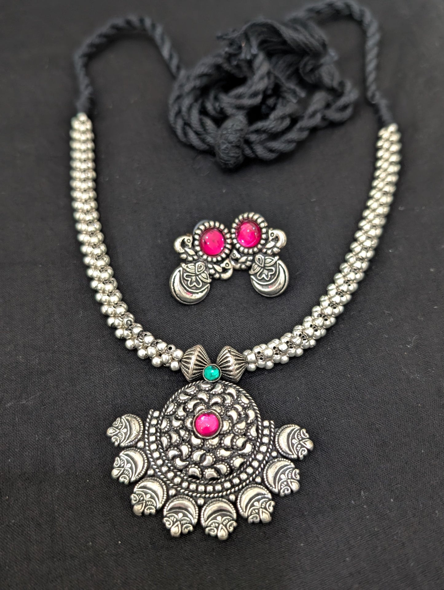 Resin bead Oxidized silver Dori thread Choker Necklace set - D1