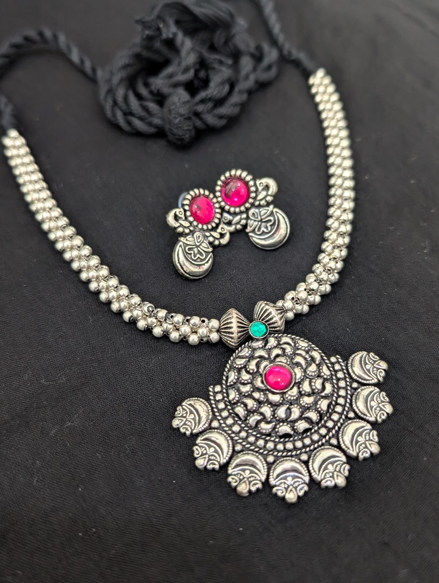 Resin bead Oxidized silver Dori thread Choker Necklace set - D1