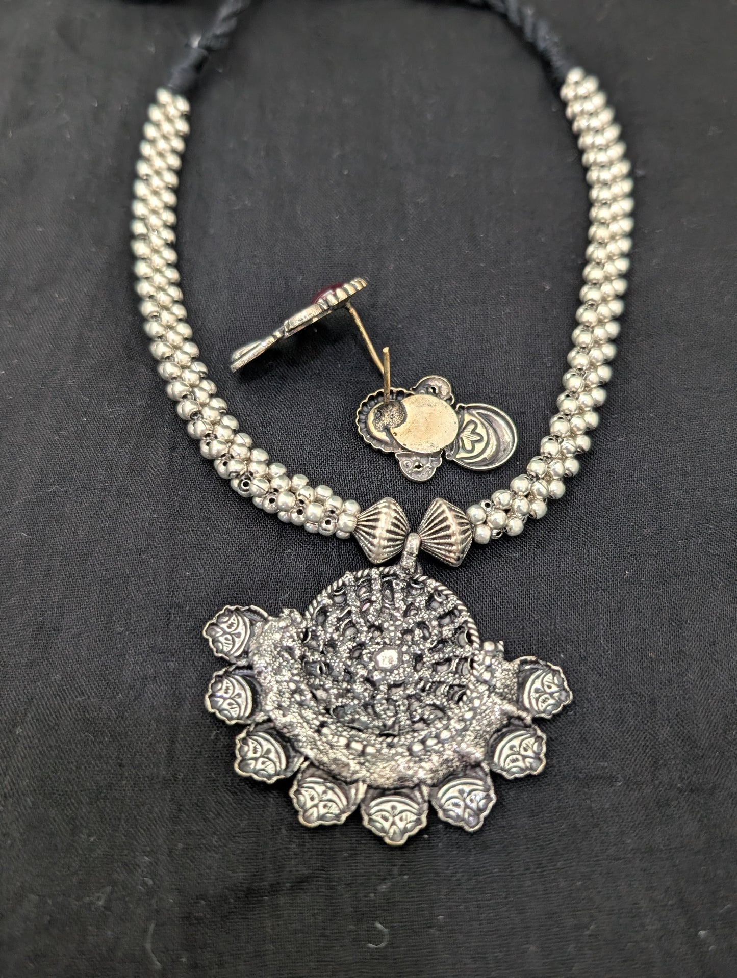 Resin bead Oxidized silver Dori thread Choker Necklace set - D1