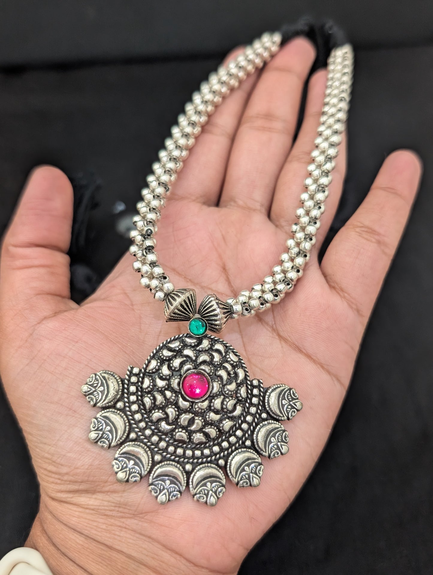 Resin bead Oxidized silver Dori thread Choker Necklace set - D1