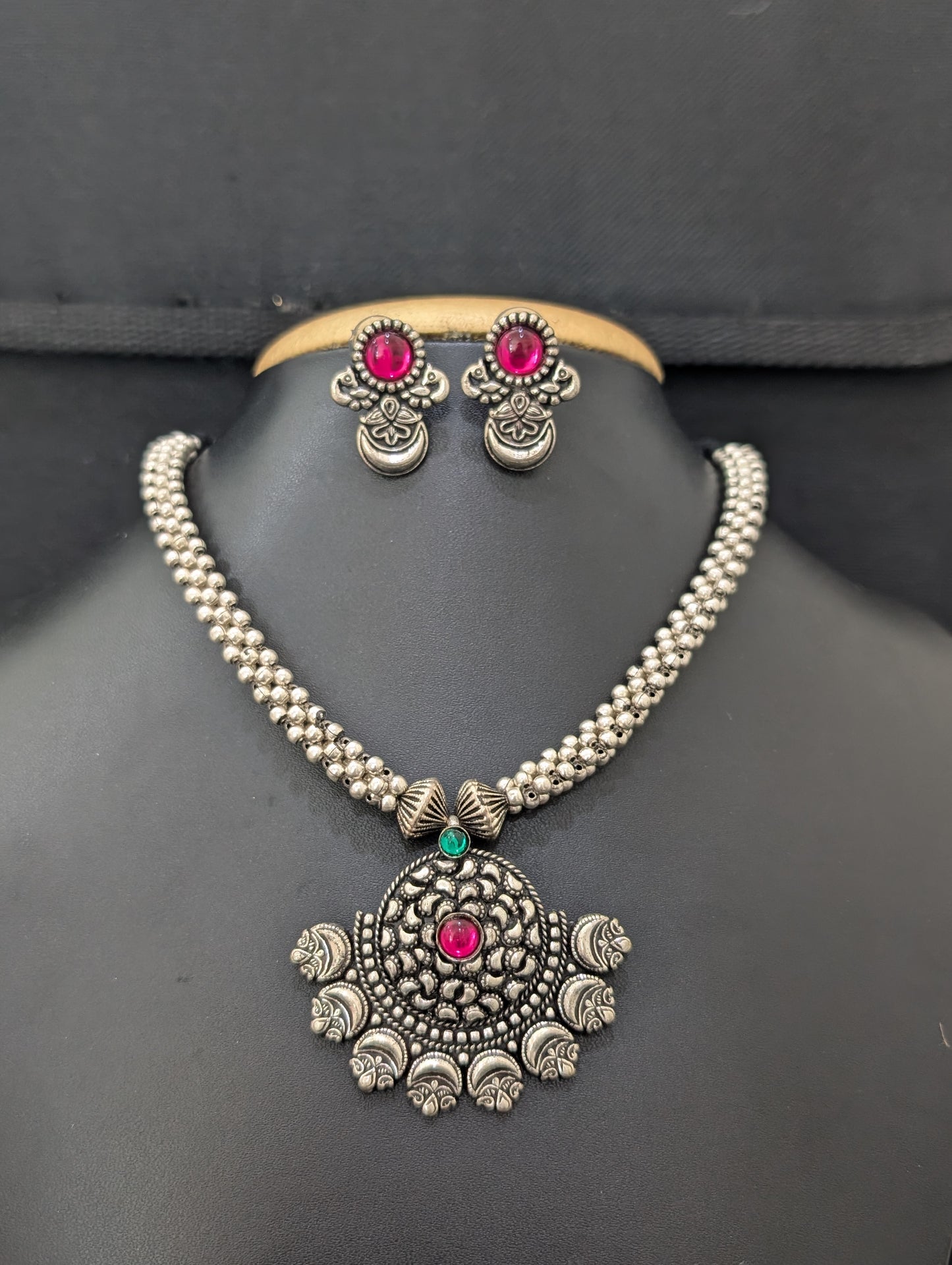 Resin bead Oxidized silver Dori thread Choker Necklace set - D1