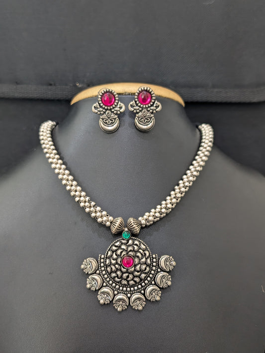 Resin bead Oxidized silver Dori thread Choker Necklace set  - D1