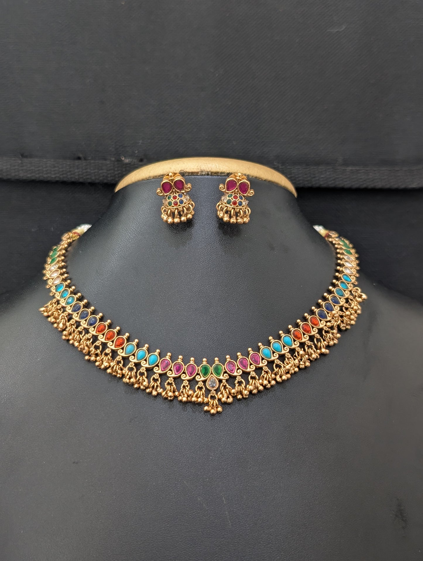 Navaratna stone Mango Choker Necklace Earrings Set