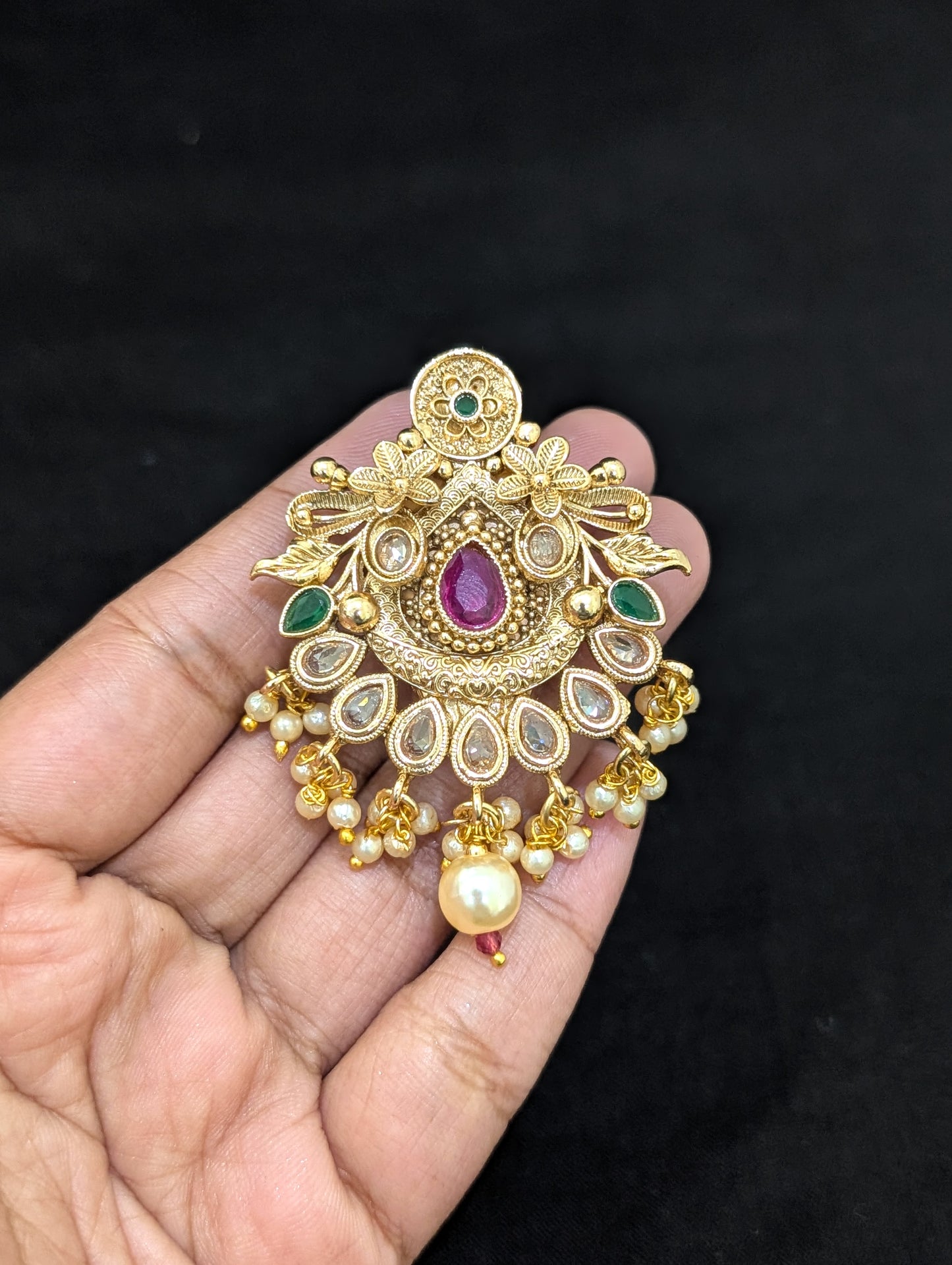 Gold plated Chandbali design Polki Saree Brooch