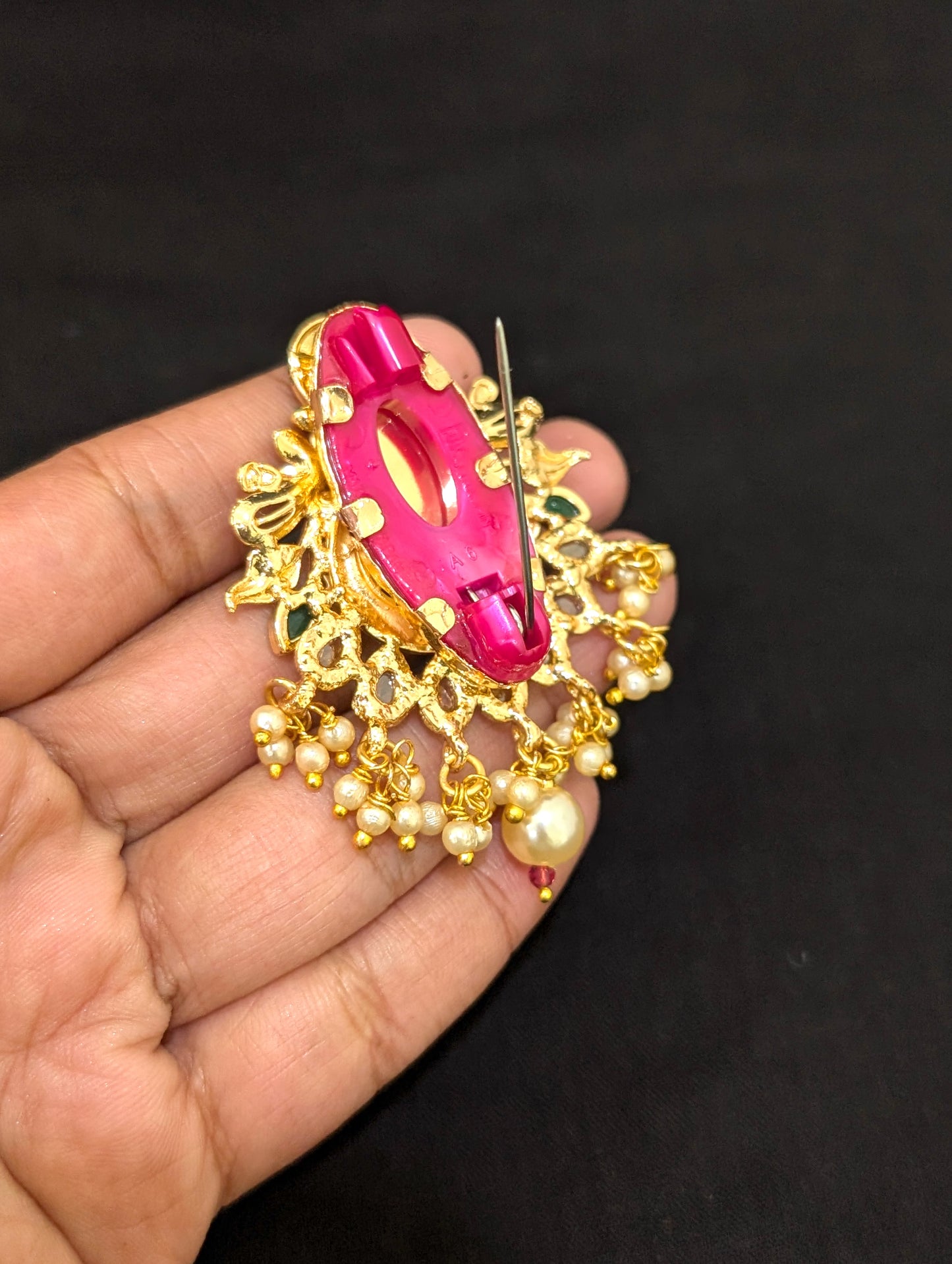 Gold plated Chandbali design Polki Saree Brooch