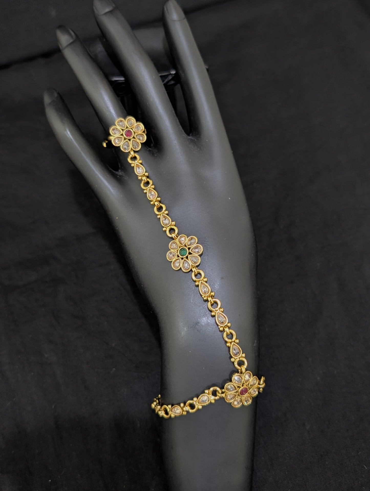 Mehandi gold Polki Haath Phool / Bracelet Ring Combo / Ring Chain Bracelet - D1