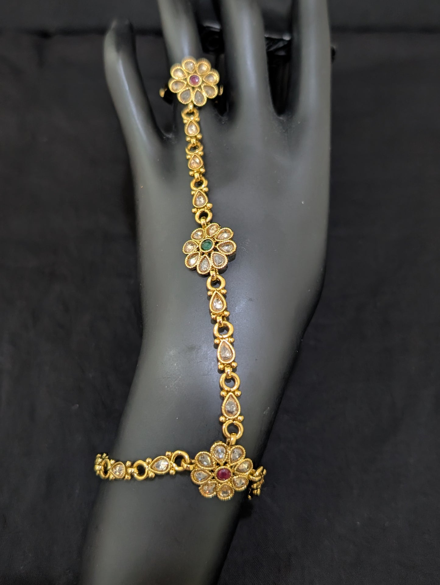 Mehandi gold Polki Haath Phool / Bracelet Ring Combo / Ring Chain Bracelet - D1