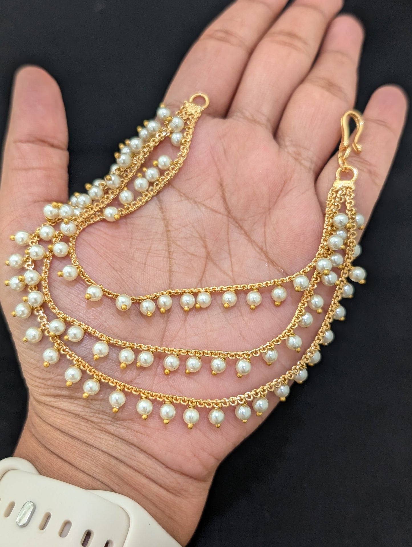 Pearl dangle Gold plated Triple layer Earrings chain / Maatal / Kaan Chain