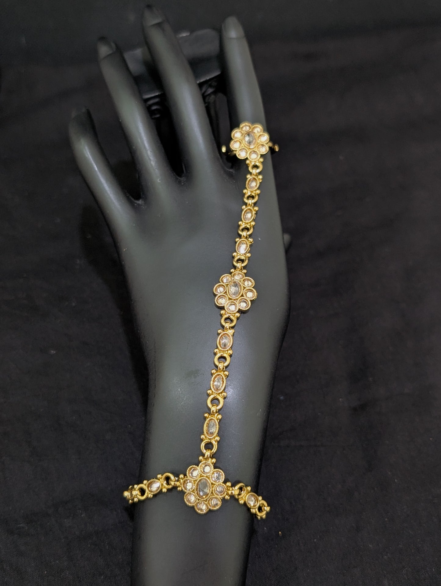 Mehandi gold Polki Haath Phool / Bracelet Ring Combo / Ring Chain Bracelet - D2