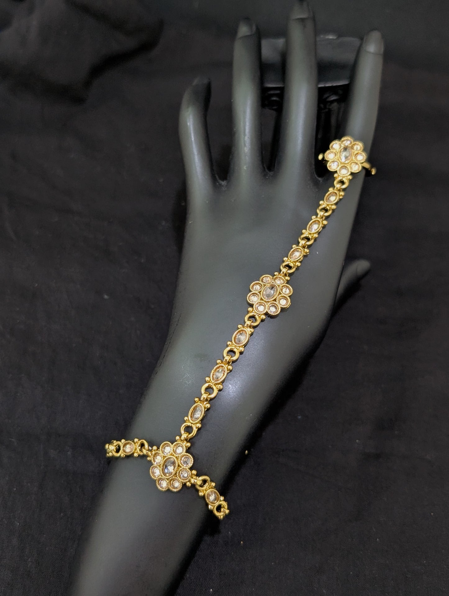 Mehandi gold Polki Haath Phool / Bracelet Ring Combo / Ring Chain Bracelet - D2