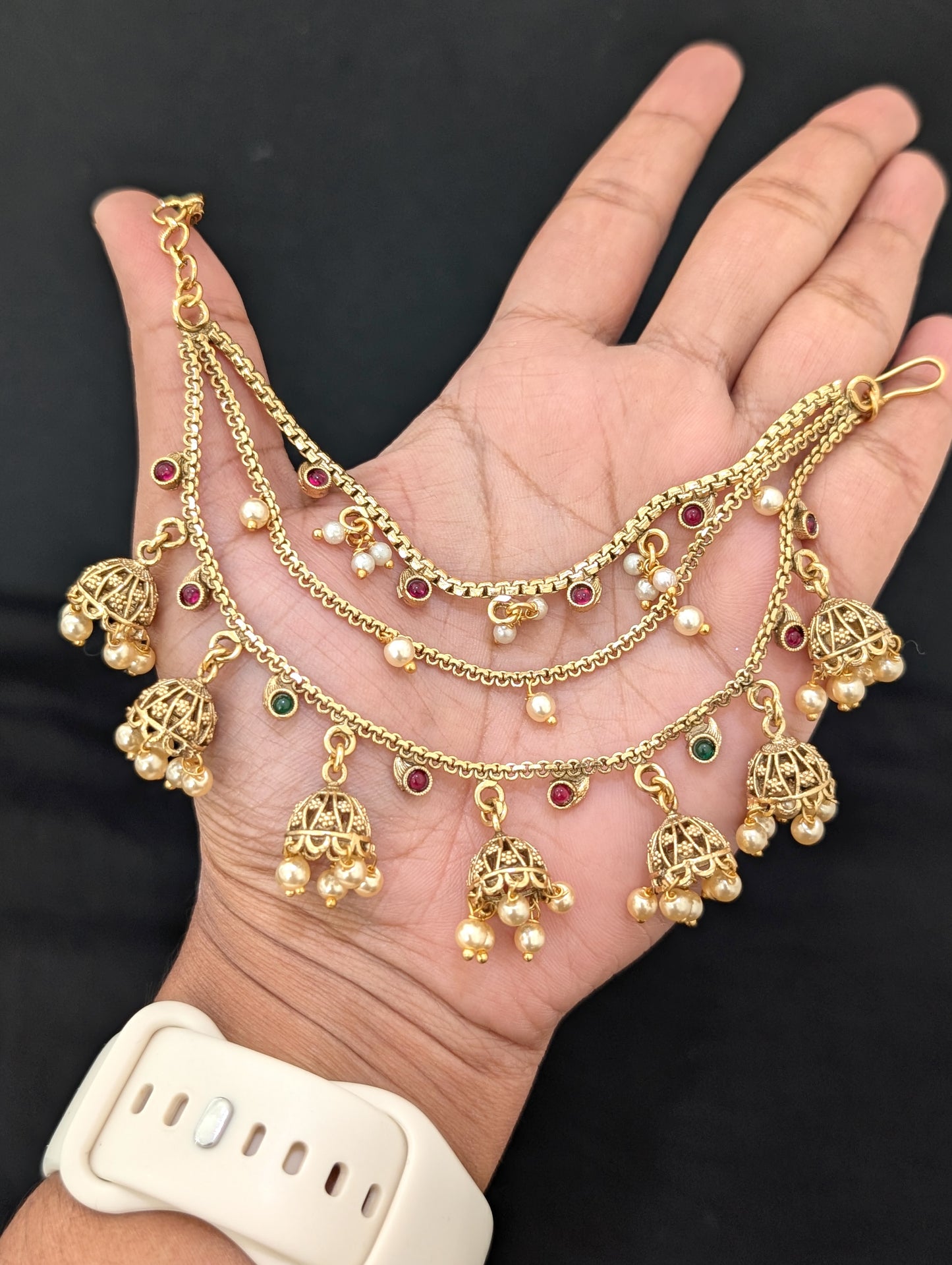 Jhumka dangle Kemp Triple layer Earrings chain / Maatal / Kaan Chain