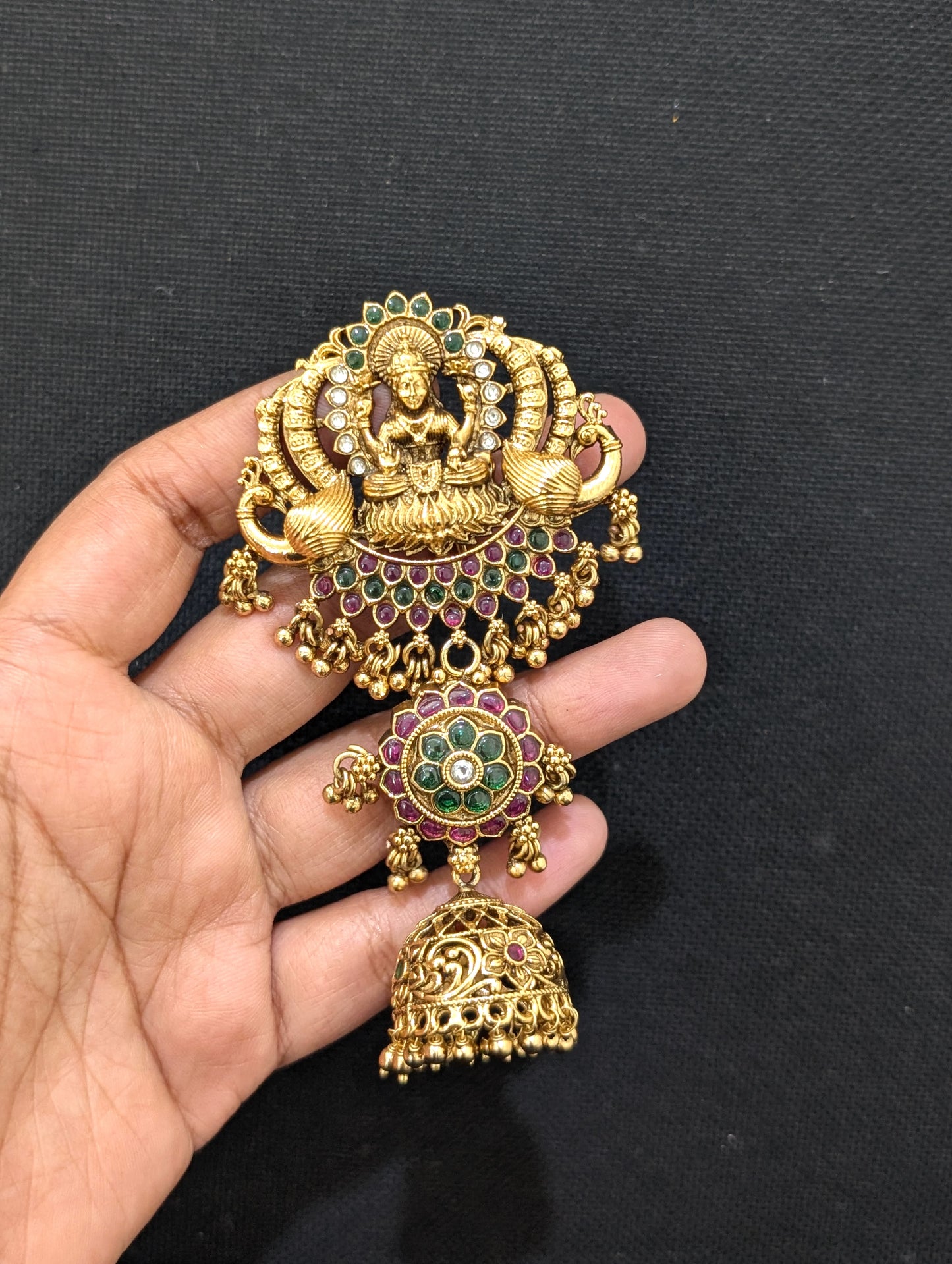 Antique Gold plated Lakshmi ji design Kemp Large Saree Brooch
