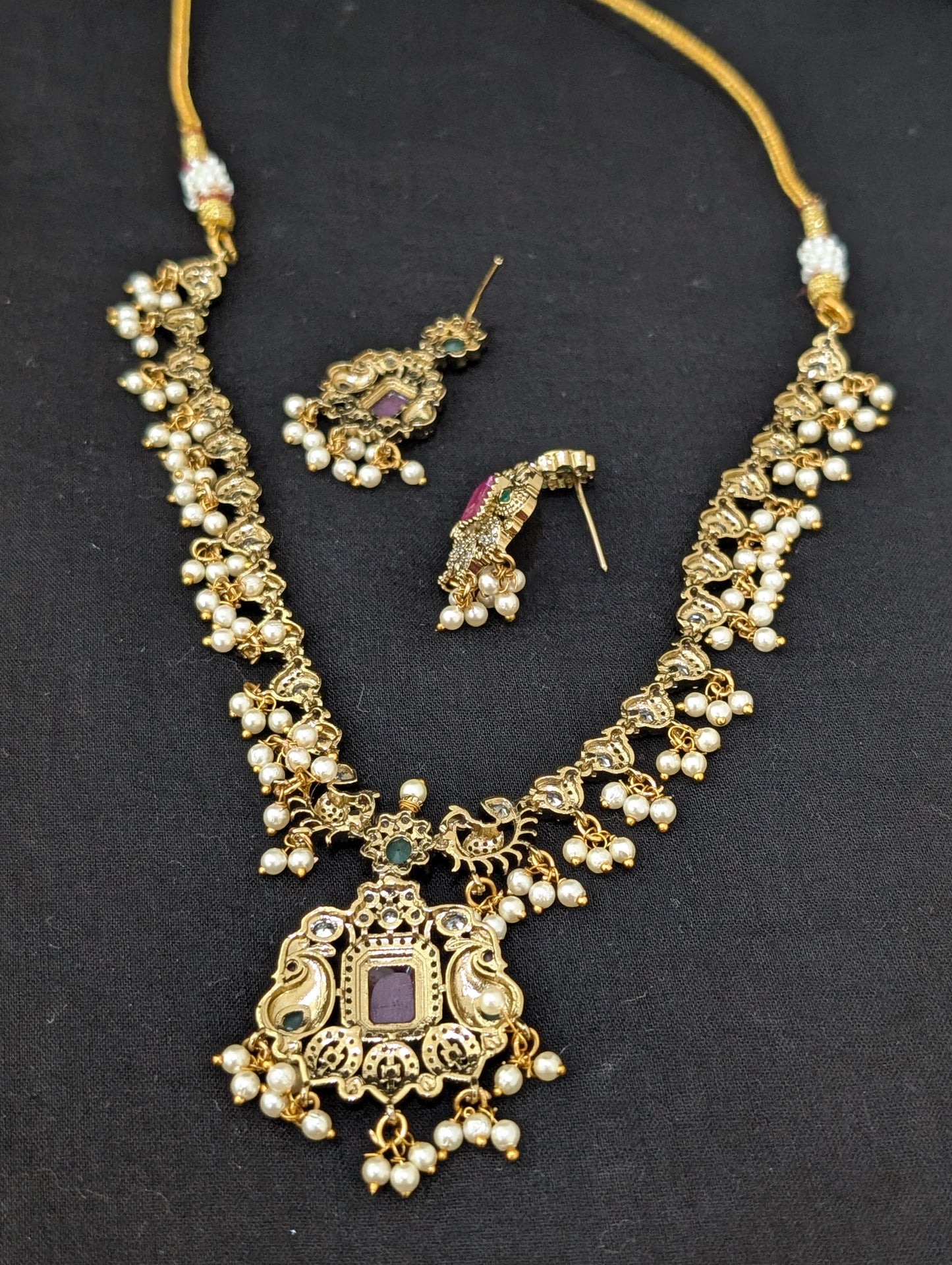 Mehandi gold plated Victorian CZ choker necklace and earrings set