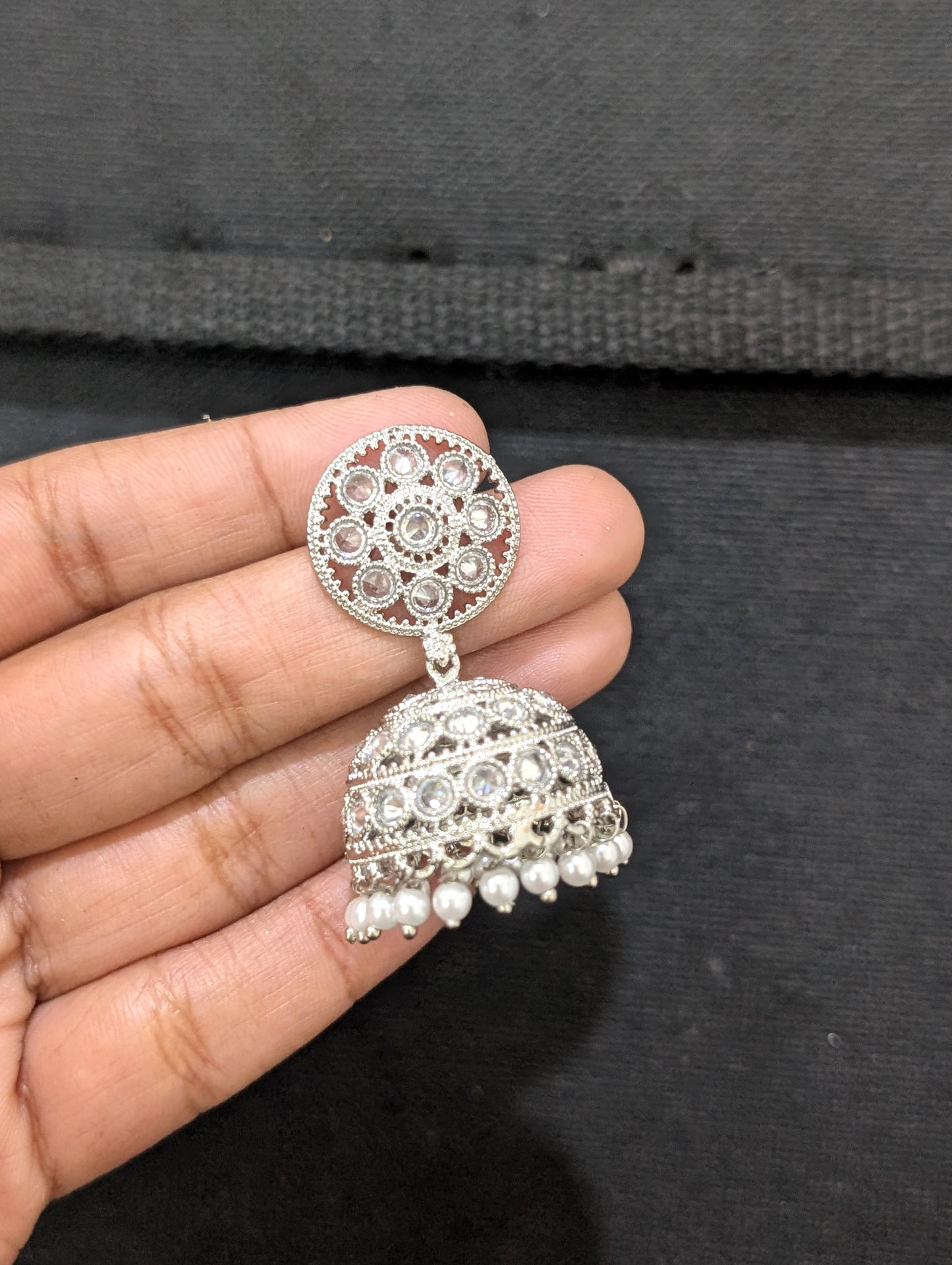 Silver rhodium White Polki Jhumka Earrings