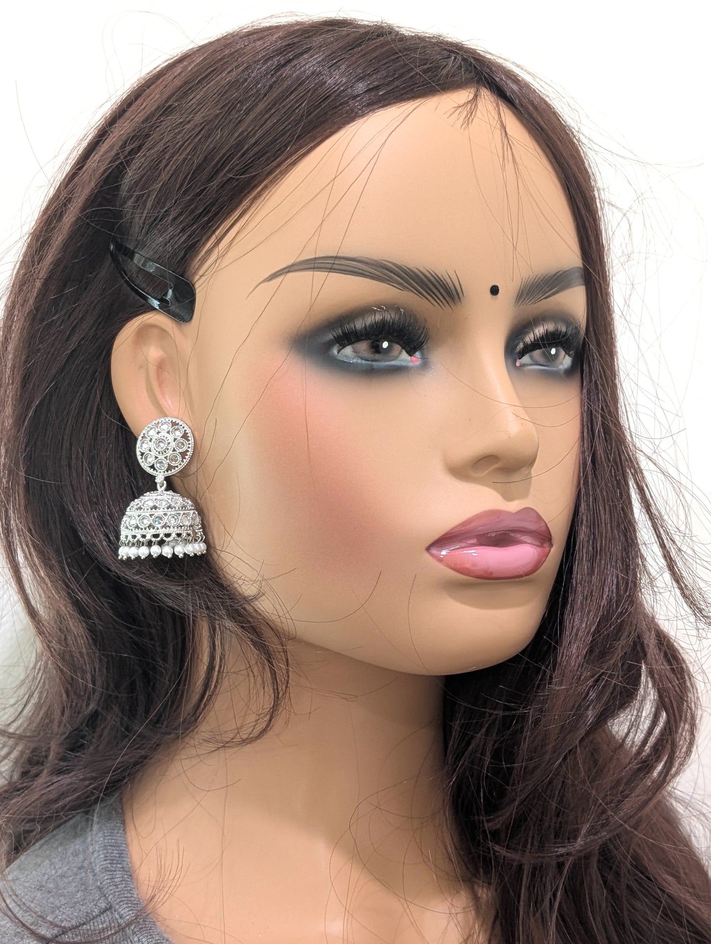 Silver rhodium White Polki Jhumka Earrings