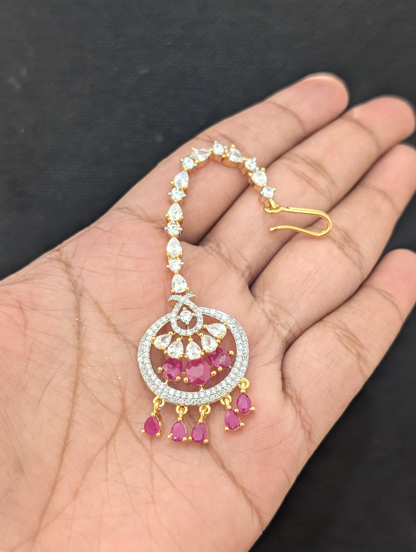 Chandbali design One gram gold plated CZ Maang Tikka