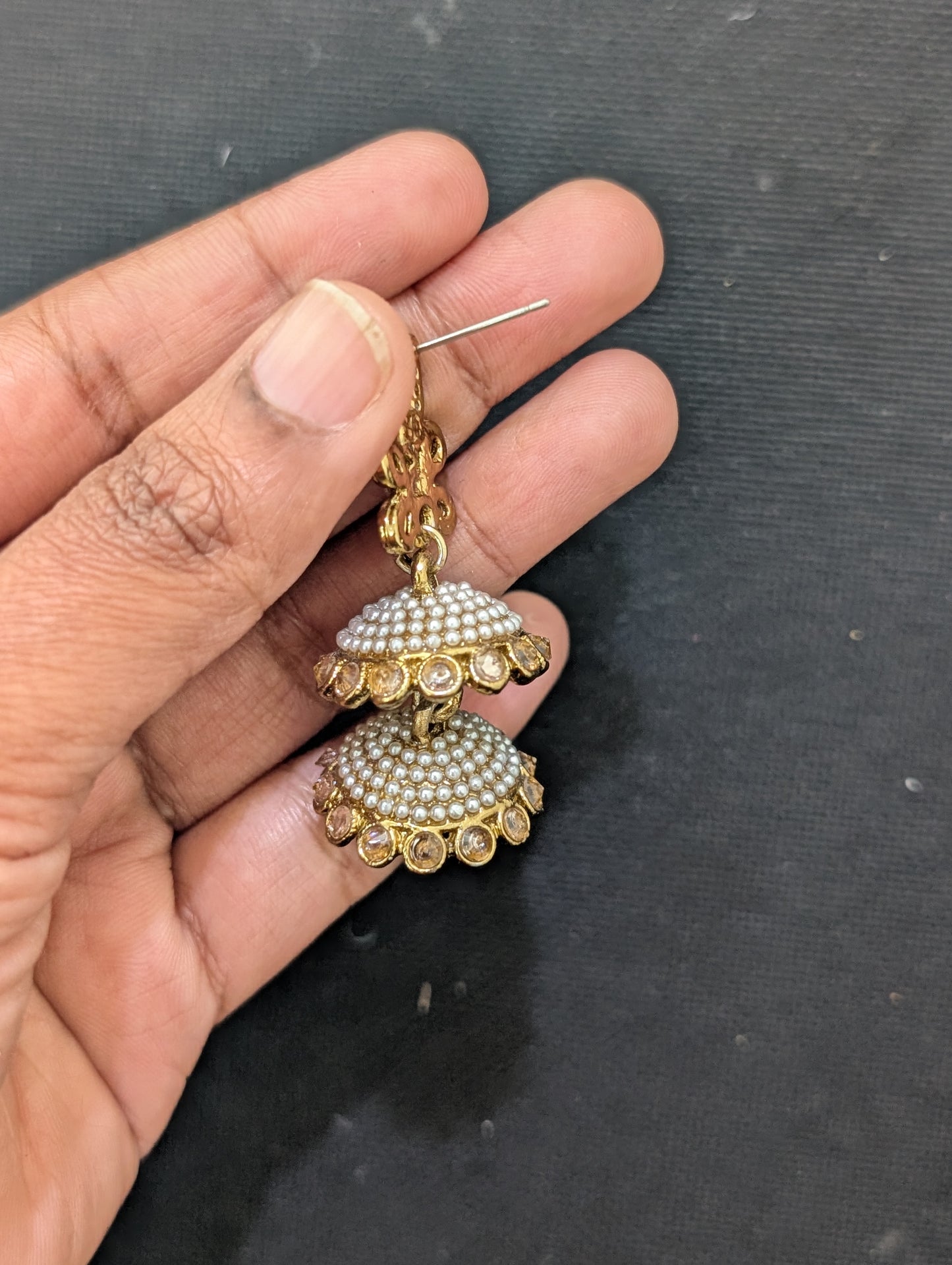 Mehandi polish Pearl Polki Jhumka earrings