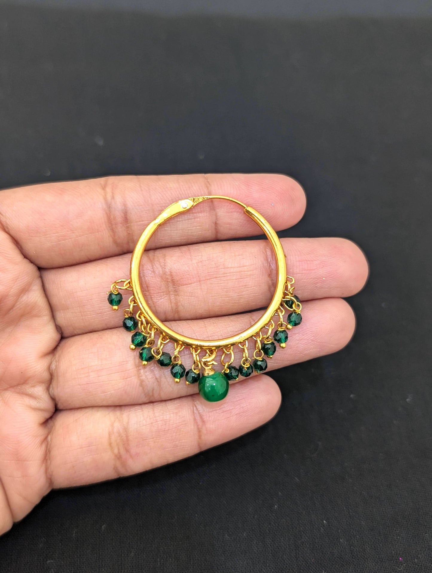 Green bead dangle Medium hoop earrings