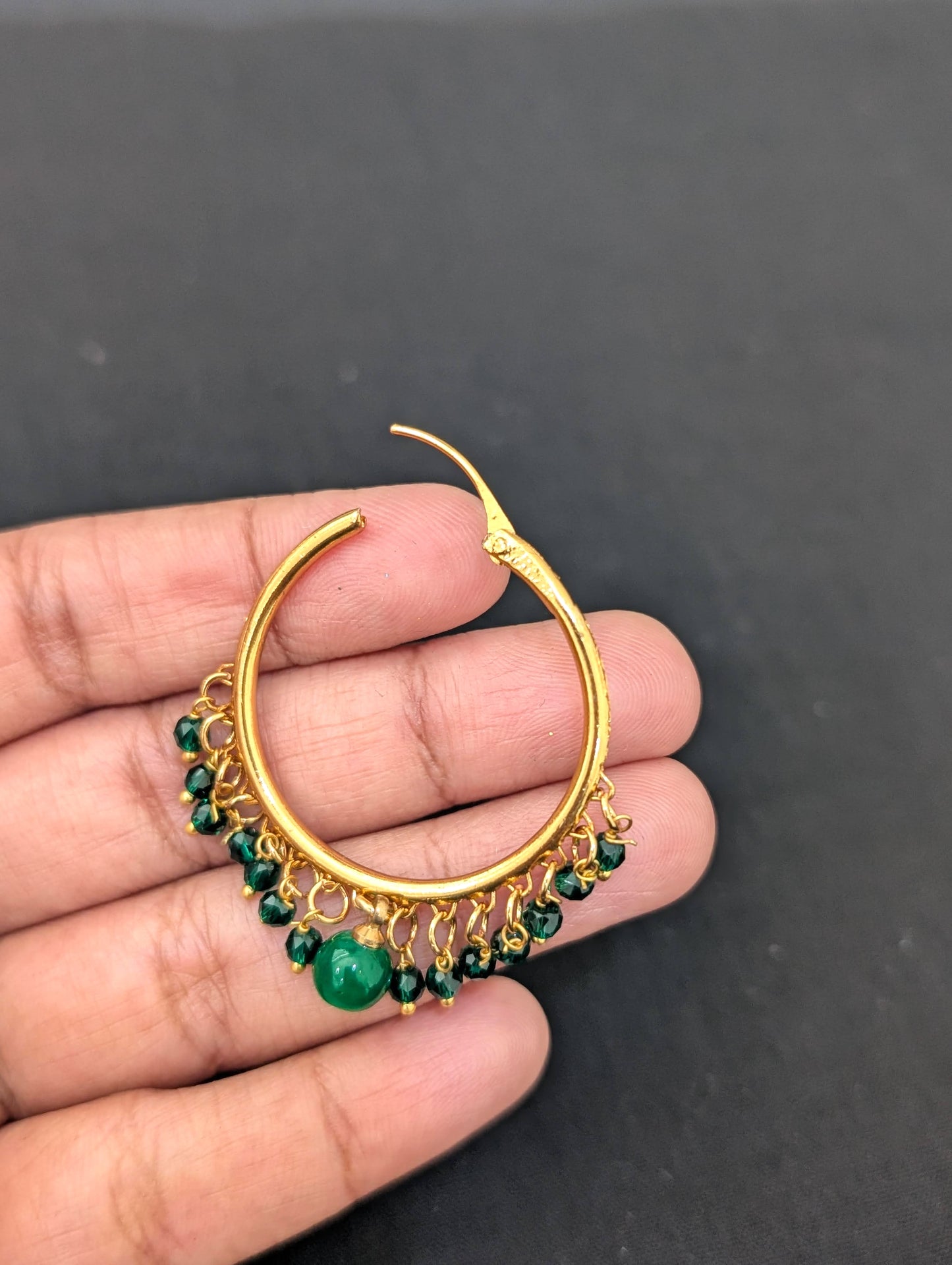 Green bead dangle Medium hoop earrings