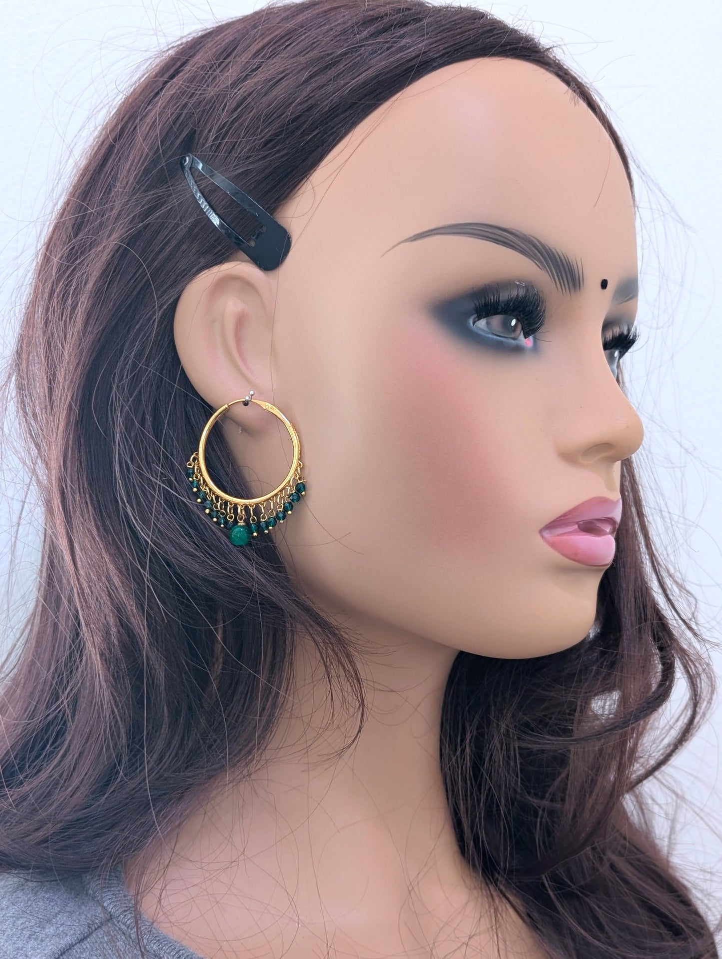 Green bead dangle Medium hoop earrings