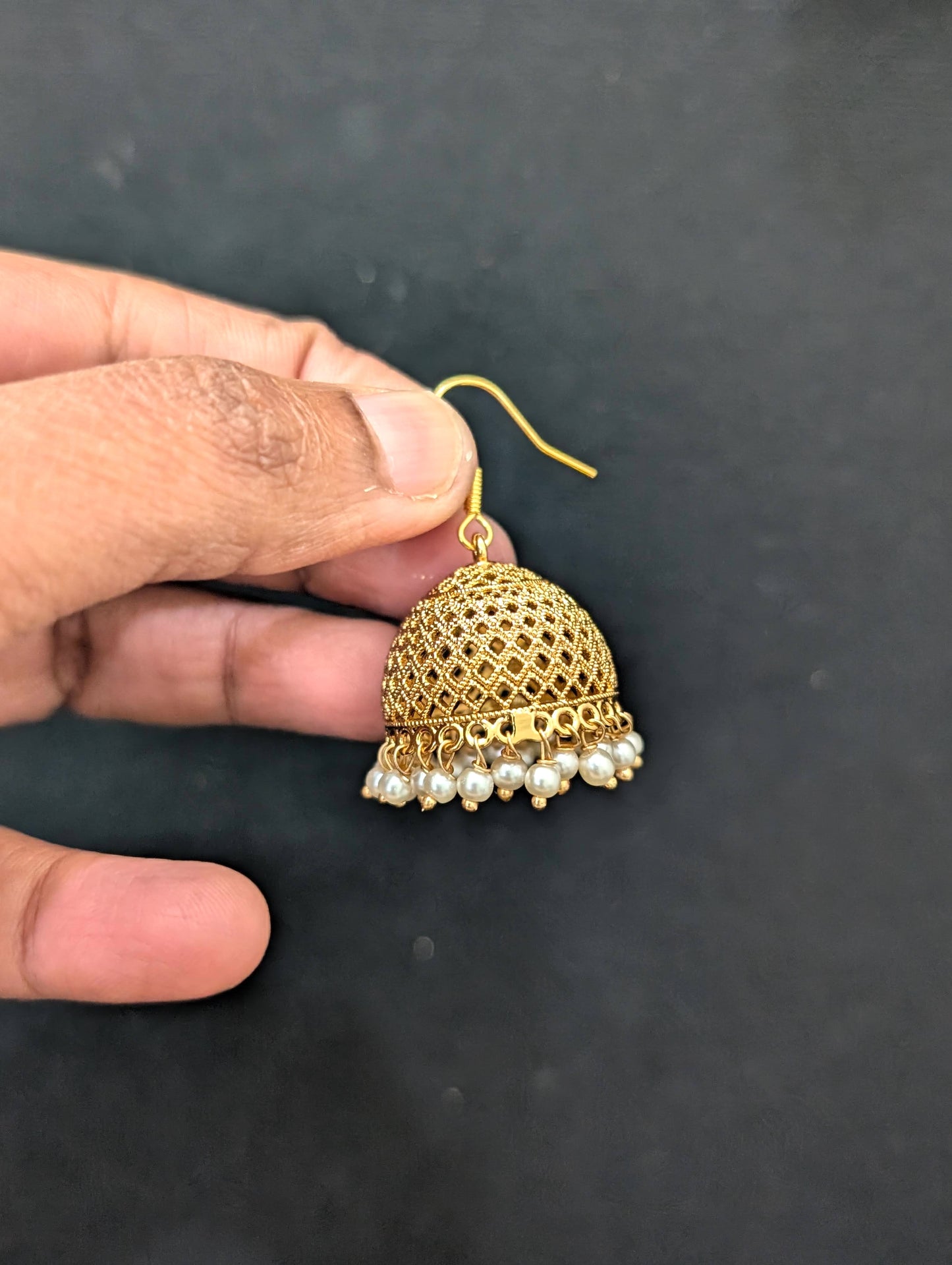 Gold plated hook drop filigree jhumka