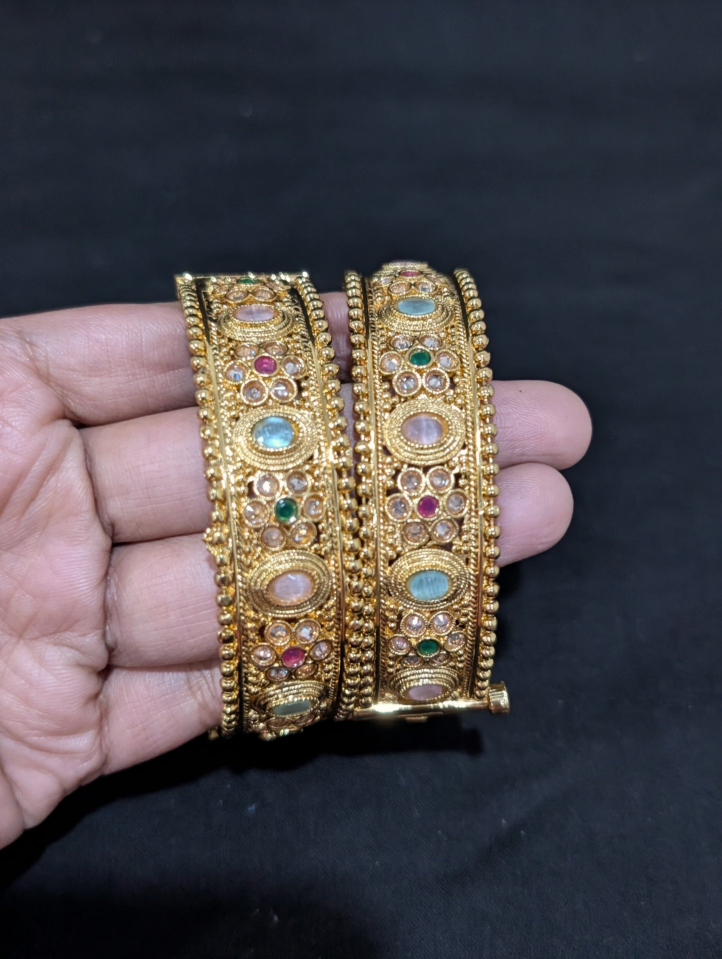 Multi color Polki Gold plated openable bangles