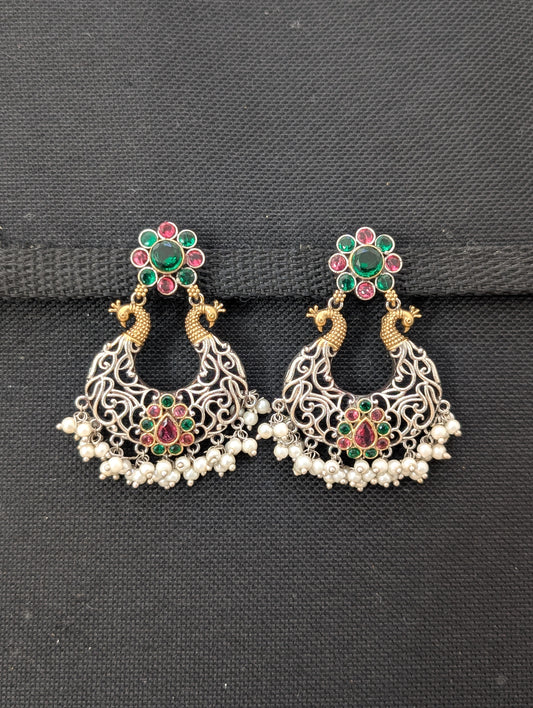 Oxidized Dual tone Peacock Chandbali earrings