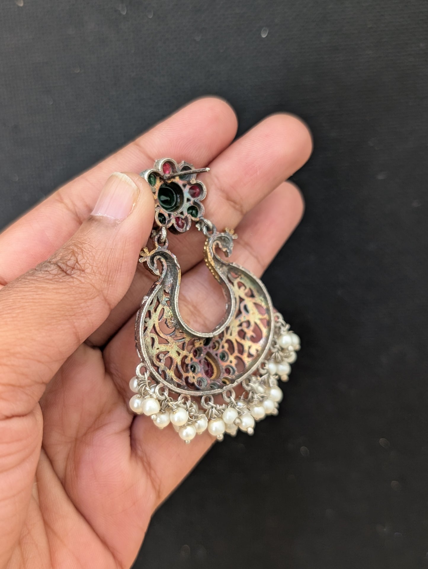 Oxidized Dual tone Peacock Chandbali earrings