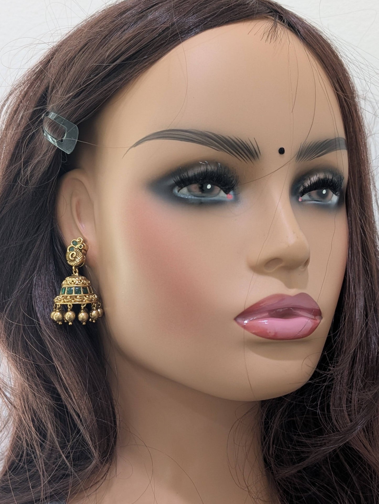 Antique gold Peacock Kemp Jhumka Earrings