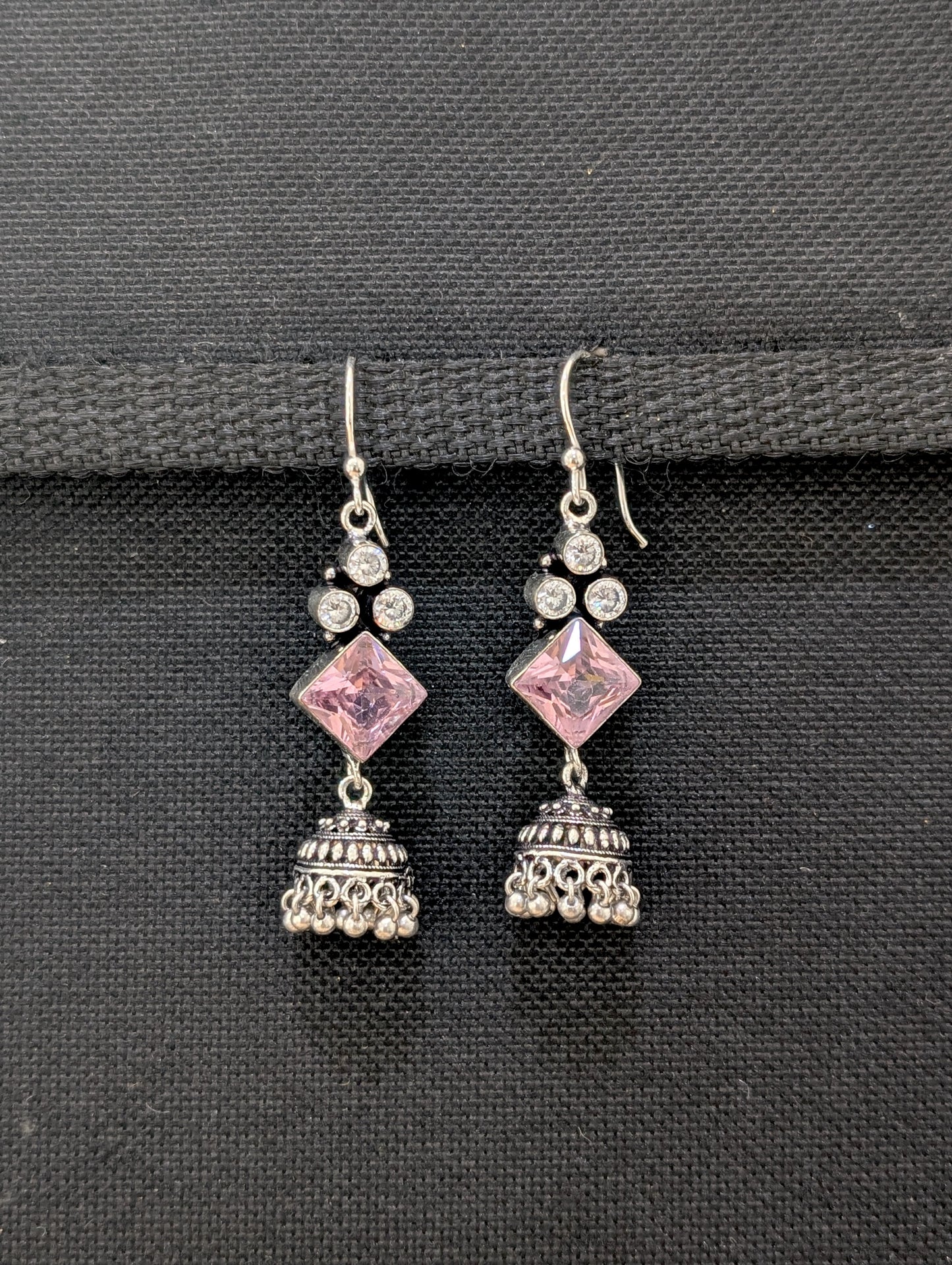 Oxidized silver CZ hook drop Jhumka Earrings