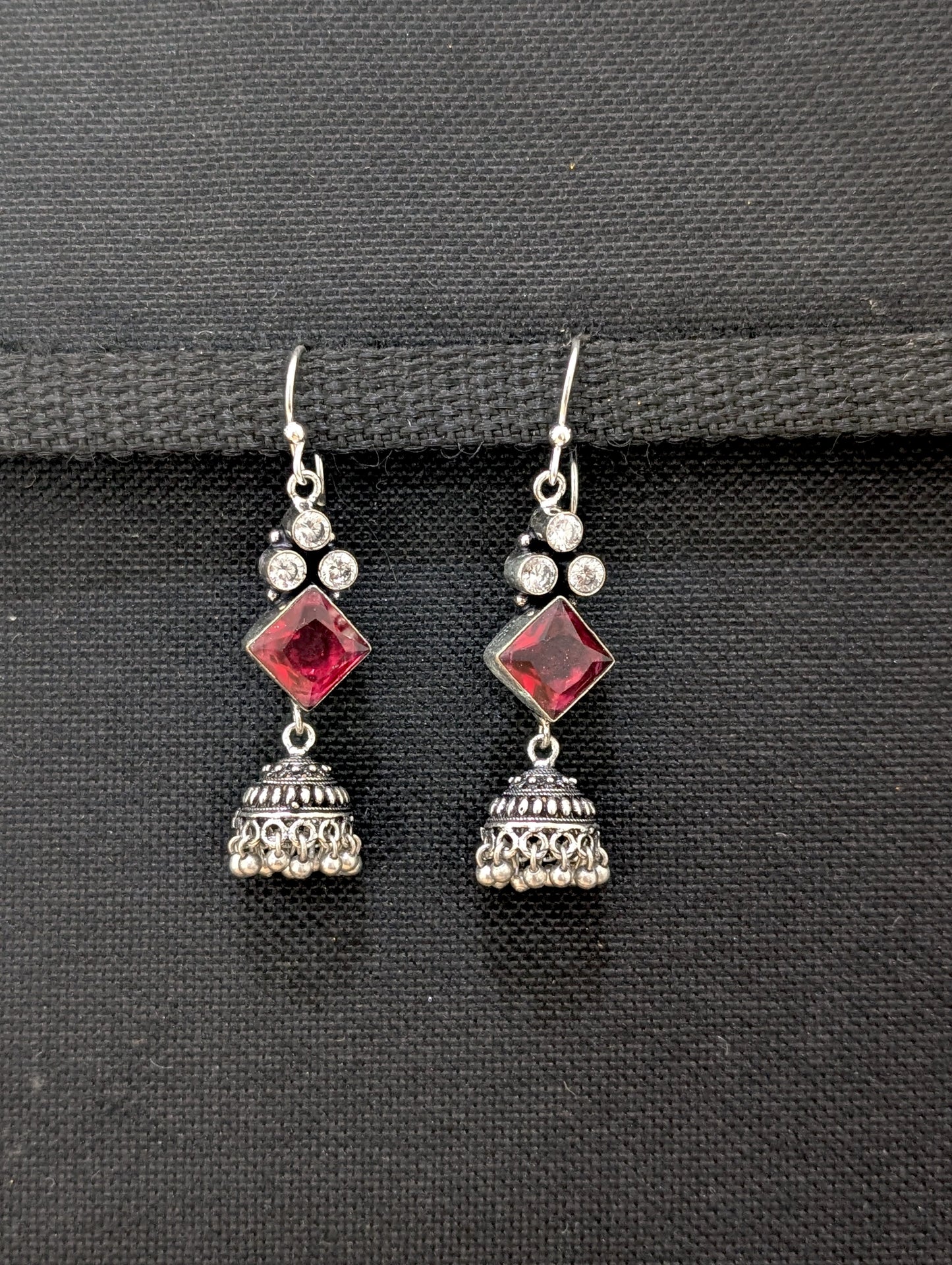 Oxidized silver CZ hook drop Jhumka Earrings