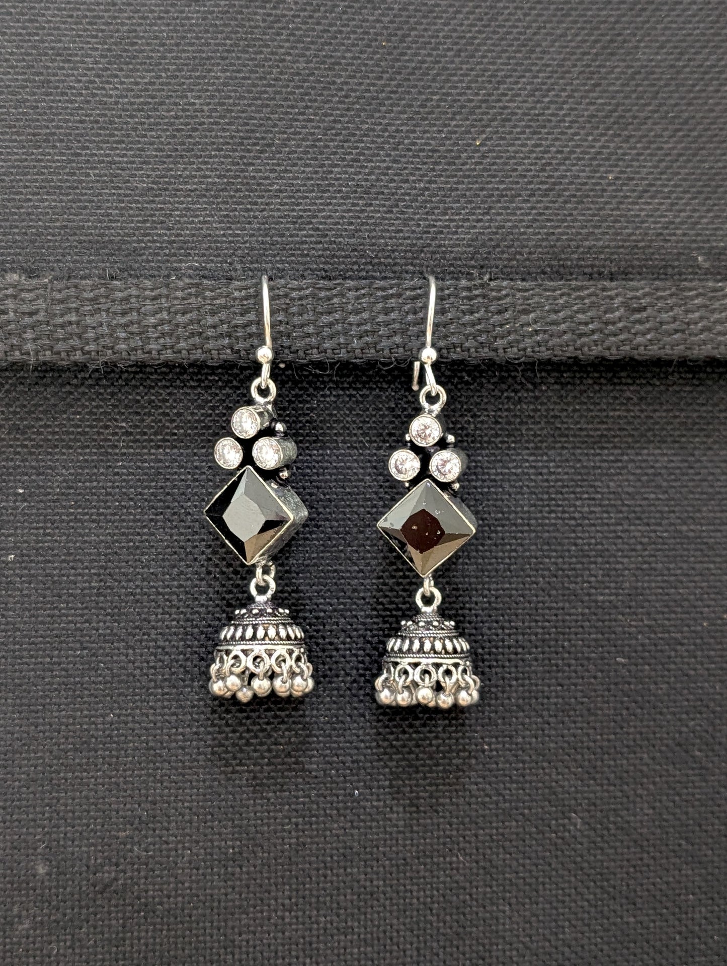 Oxidized silver CZ hook drop Jhumka Earrings