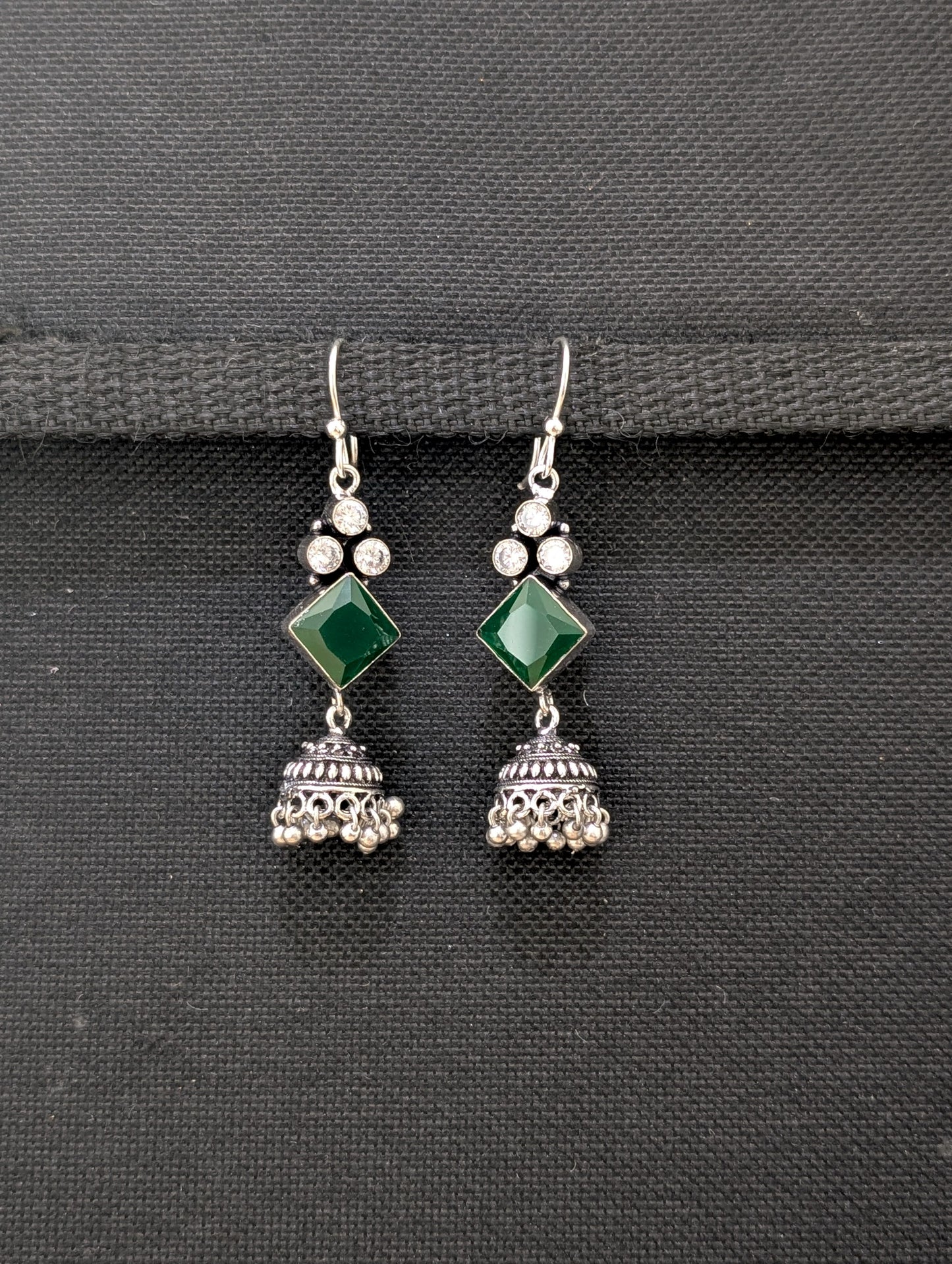 Oxidized silver CZ hook drop Jhumka Earrings