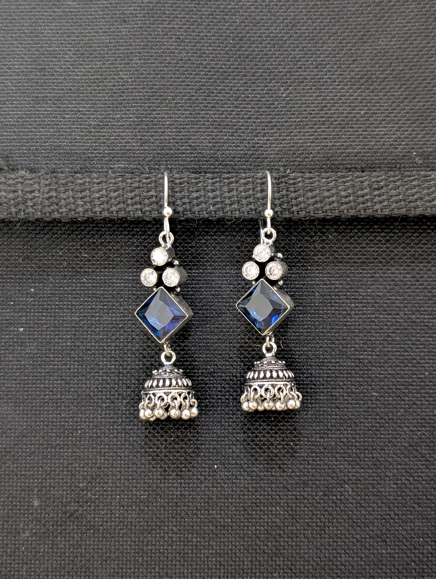 Oxidized silver CZ hook drop Jhumka Earrings