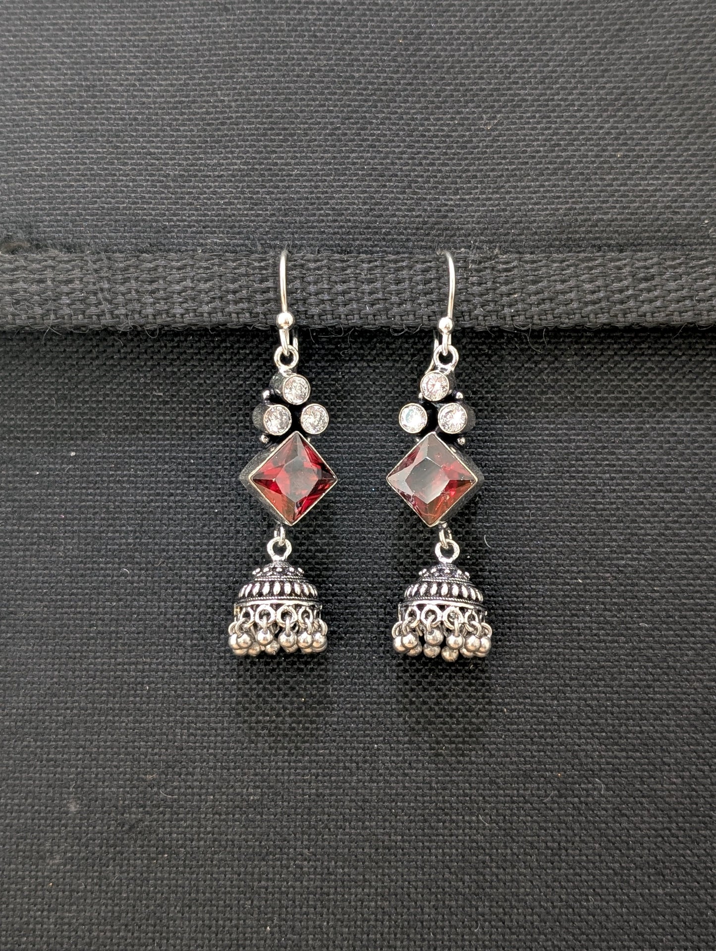 Oxidized silver CZ hook drop Jhumka Earrings