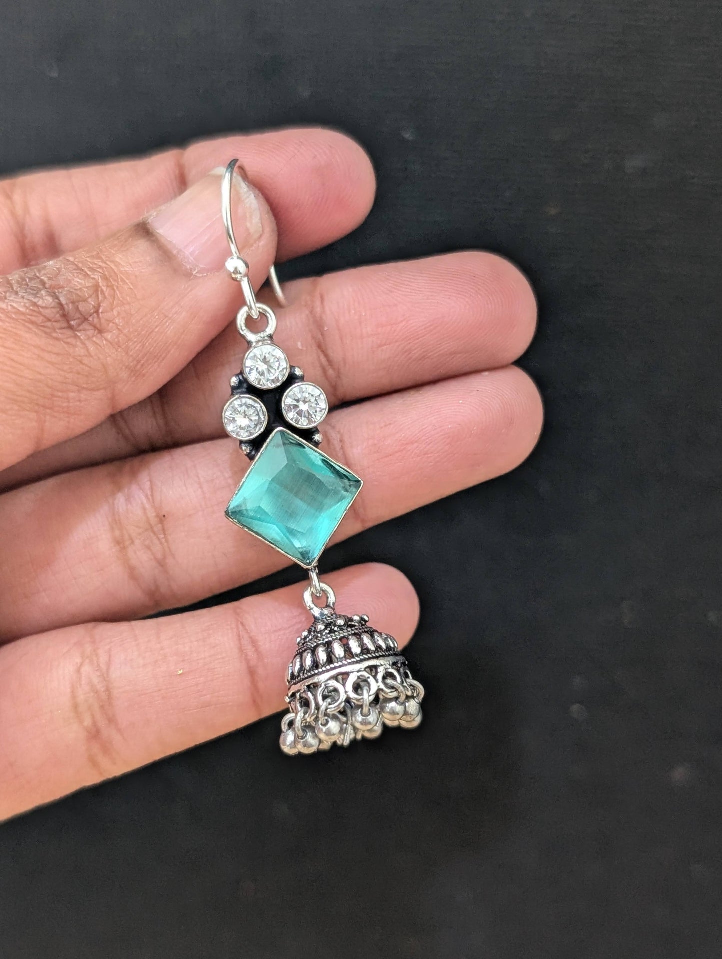 Oxidized silver CZ hook drop Jhumka Earrings