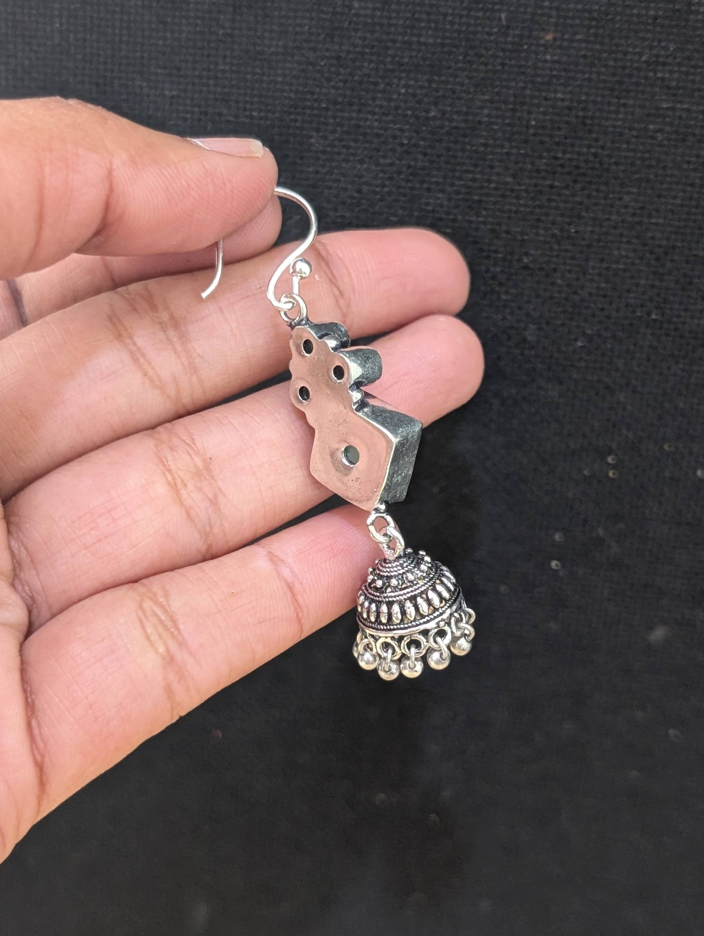 Oxidized silver CZ hook drop Jhumka Earrings