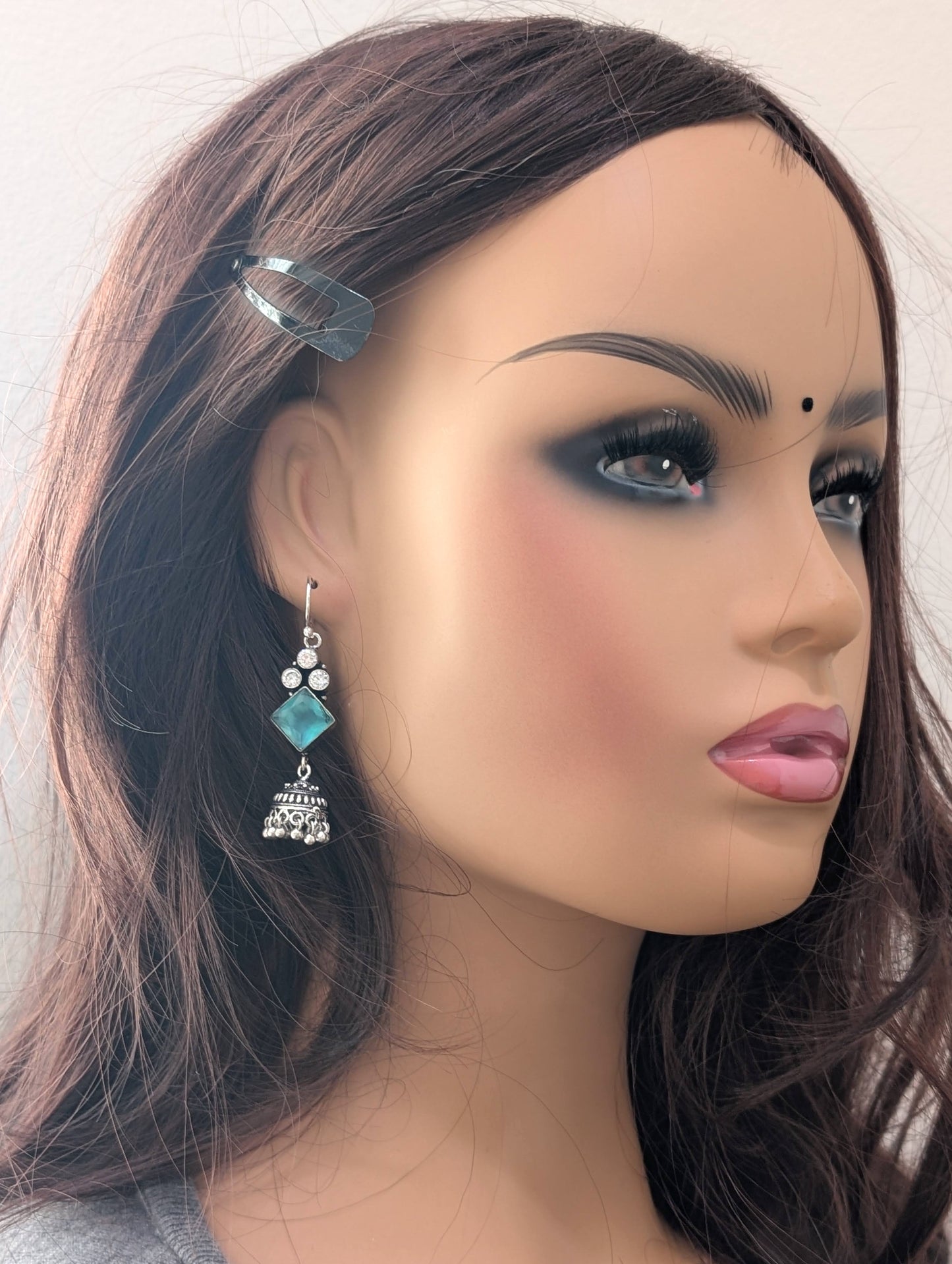 Oxidized silver CZ hook drop Jhumka Earrings