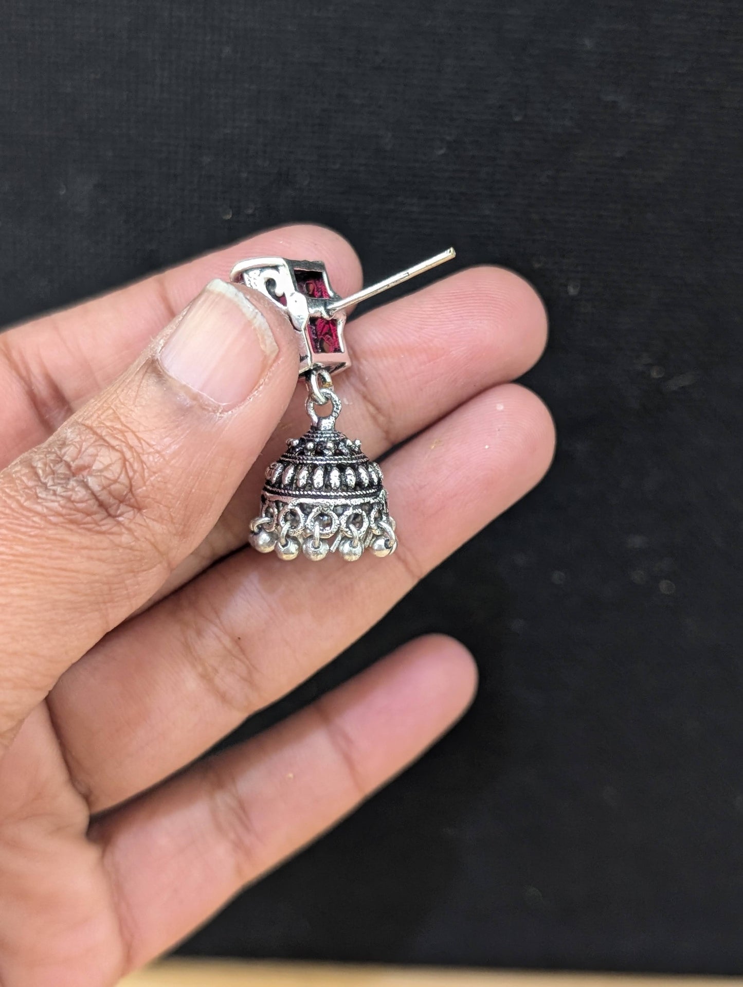 Oxidized silver CZ stone Jhumka earrings - D2