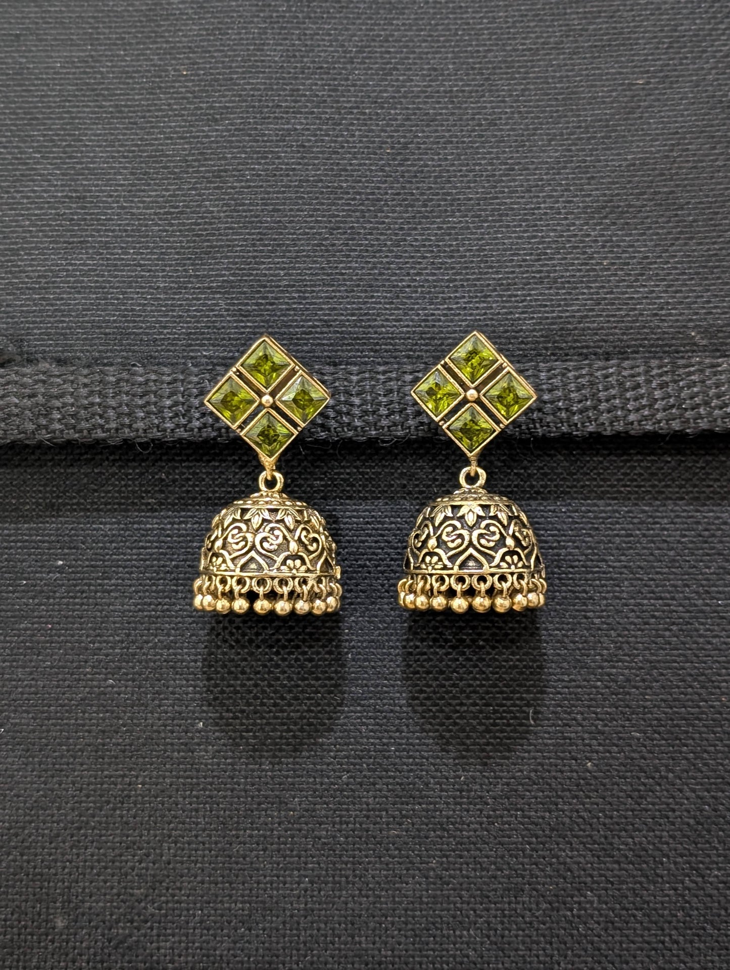 Antique oxidized gold CZ jhumka earrings