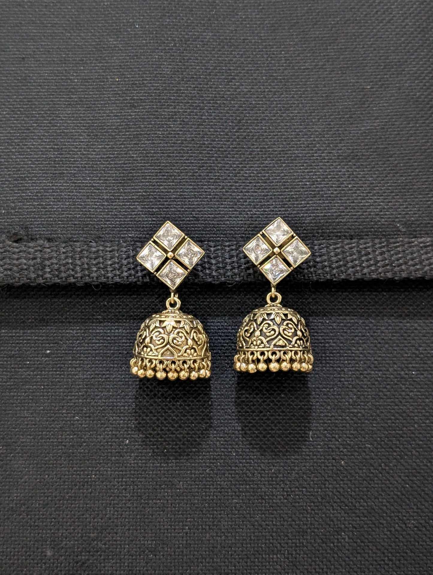Antique oxidized gold CZ jhumka earrings