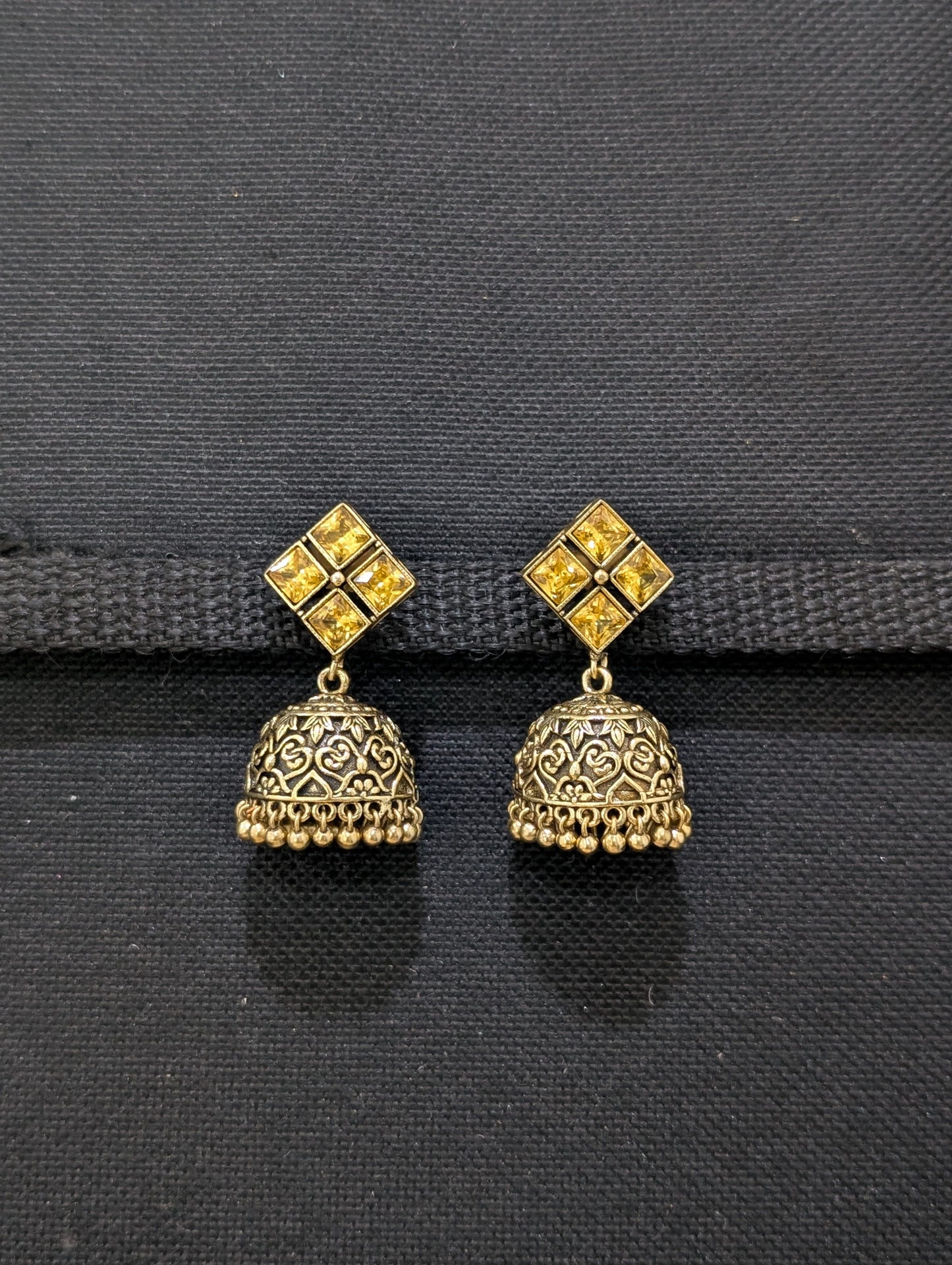 Antique oxidized gold CZ jhumka earrings