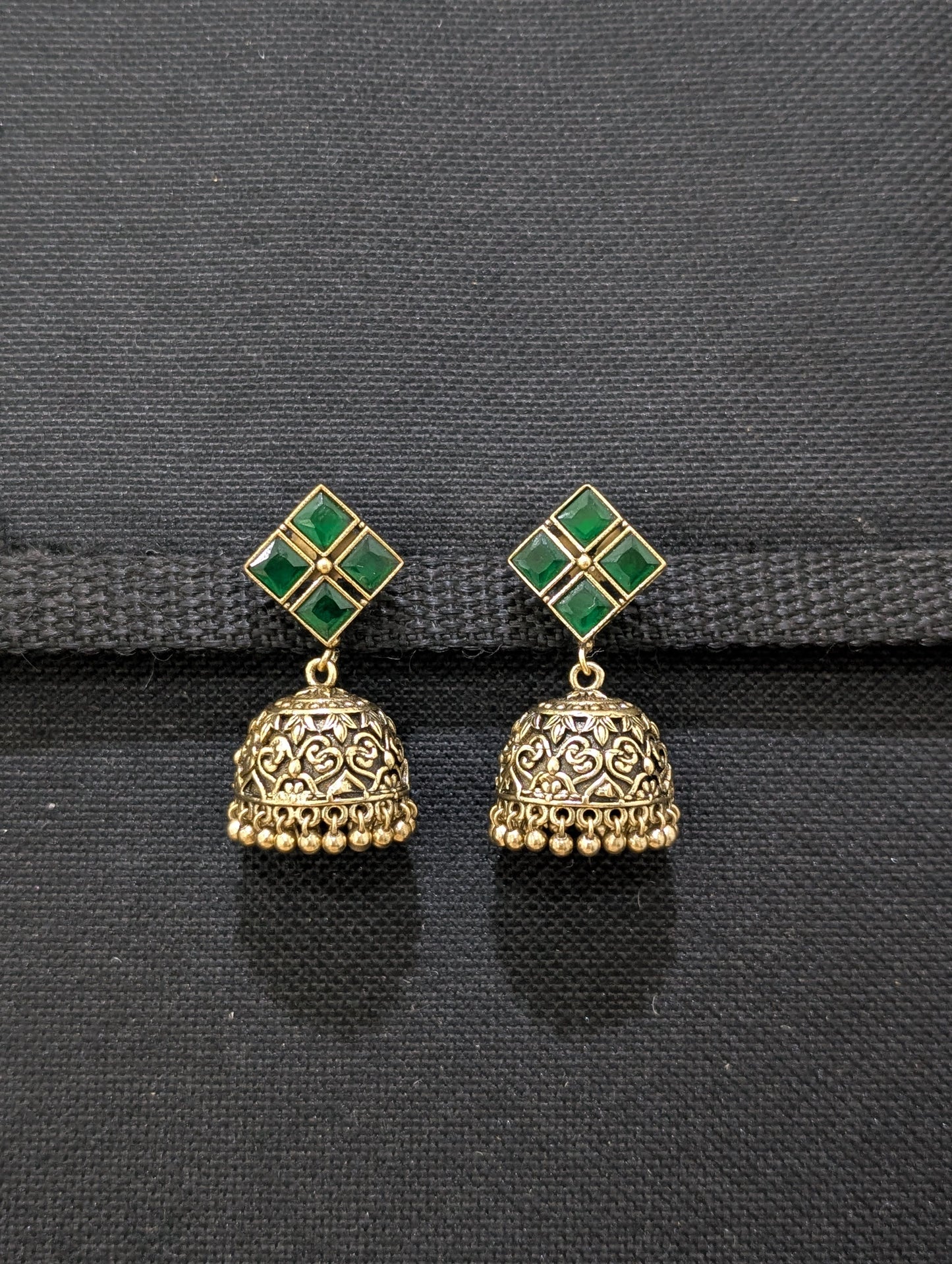 Antique oxidized gold CZ jhumka earrings
