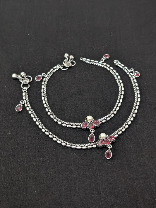 Oxidized Silver plated CZ Anklets - D1